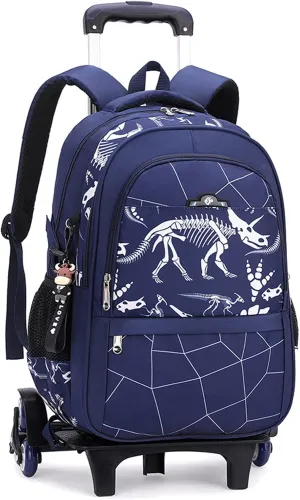 School Bags Boy Oxford Cloth Vacation Backpack Travel Bag Luggage Trolley Case with Six Wheels and Dinosaur Pattern (blue 1)