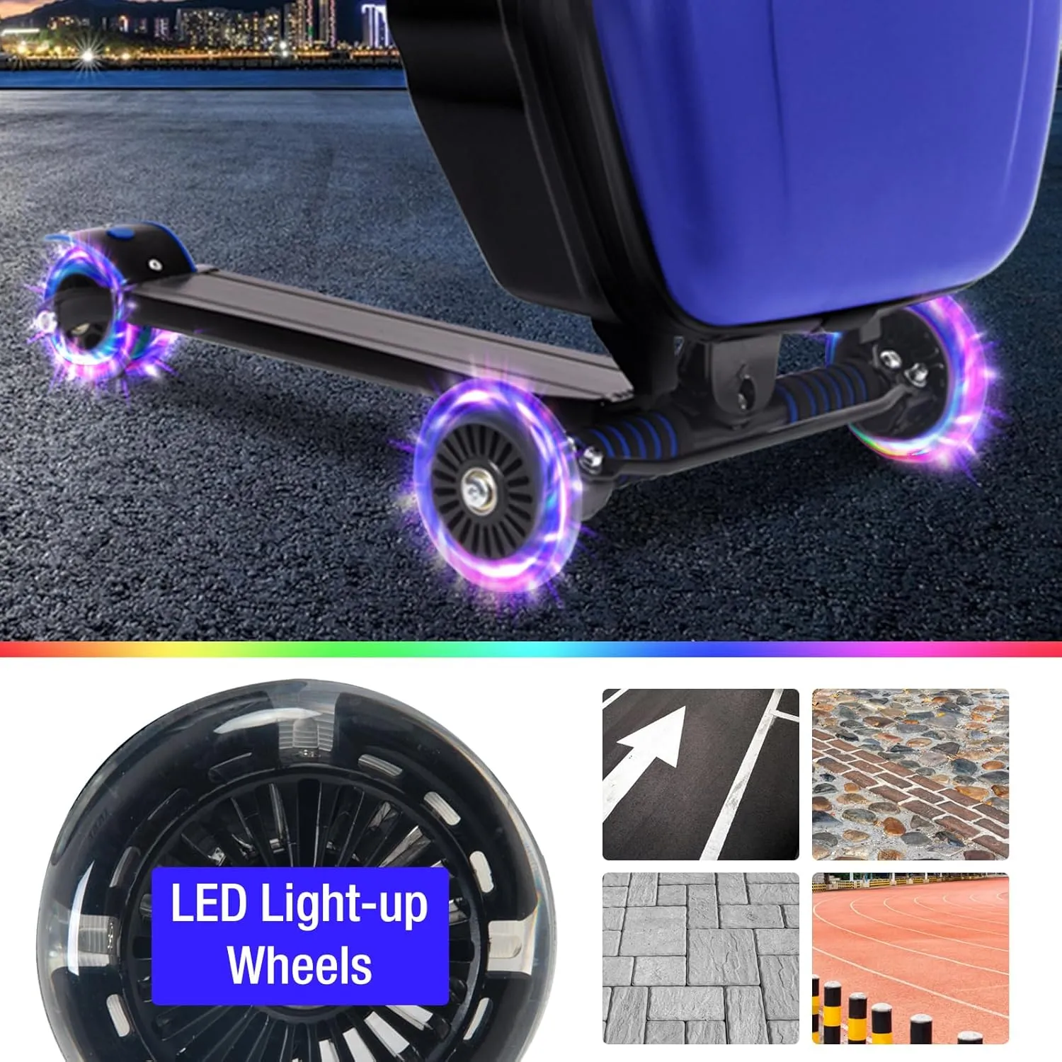 Scooter Luggage, 2- in- 1 Folding Carry On Hardshell Ride On Scooter Suitcase for Aged 4-15, Multifunctional Ride On Lightweight Luggage (Blue,with LED wheels)