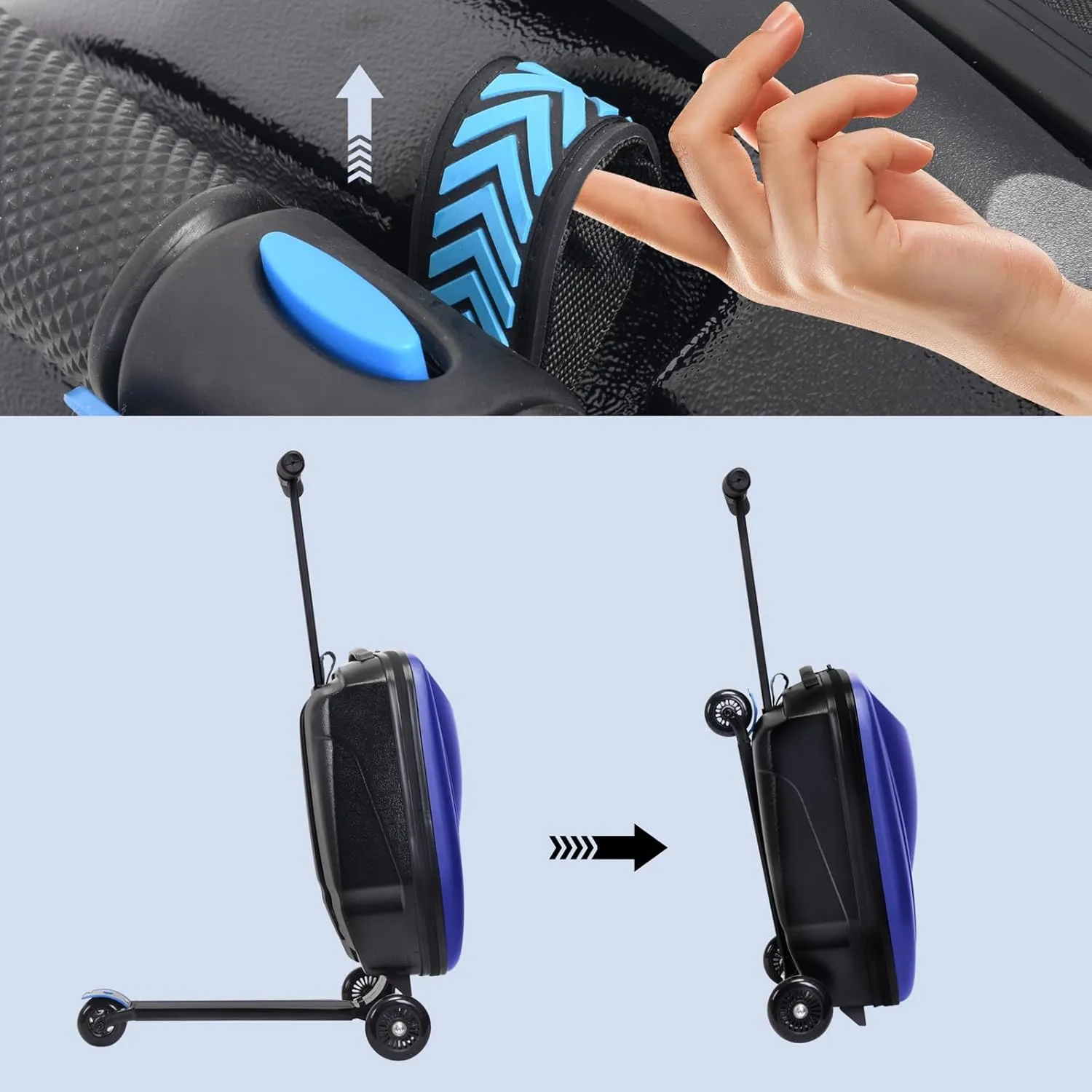 Scooter Luggage, 2- in- 1 Folding Carry On Hardshell Ride On Scooter Suitcase for Aged 4-15, Multifunctional Ride On Lightweight Luggage (Blue,with LED wheels)