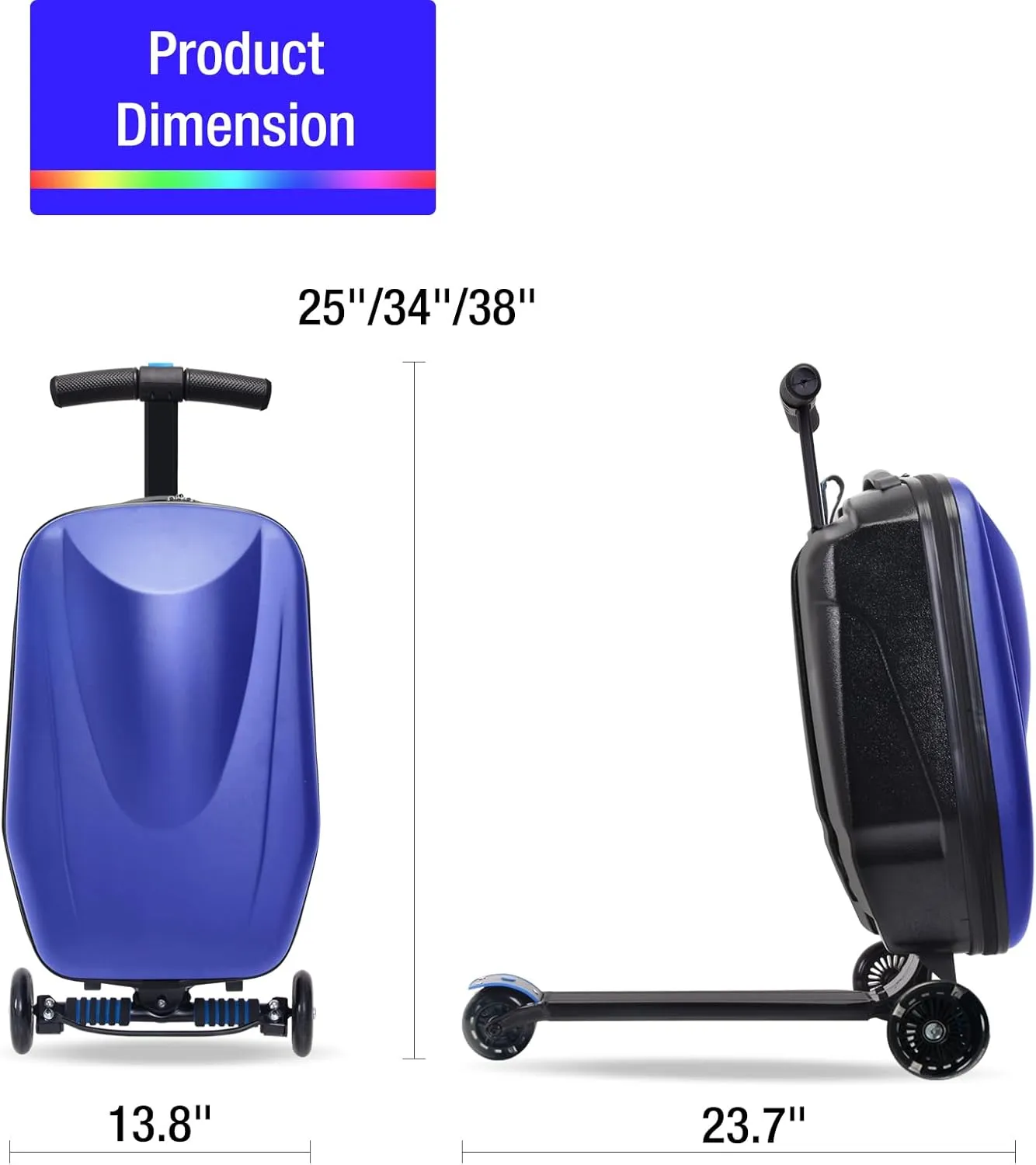 Scooter Luggage, 2- in- 1 Folding Carry On Hardshell Ride On Scooter Suitcase for Aged 4-15, Multifunctional Ride On Lightweight Luggage (Blue,with LED wheels)