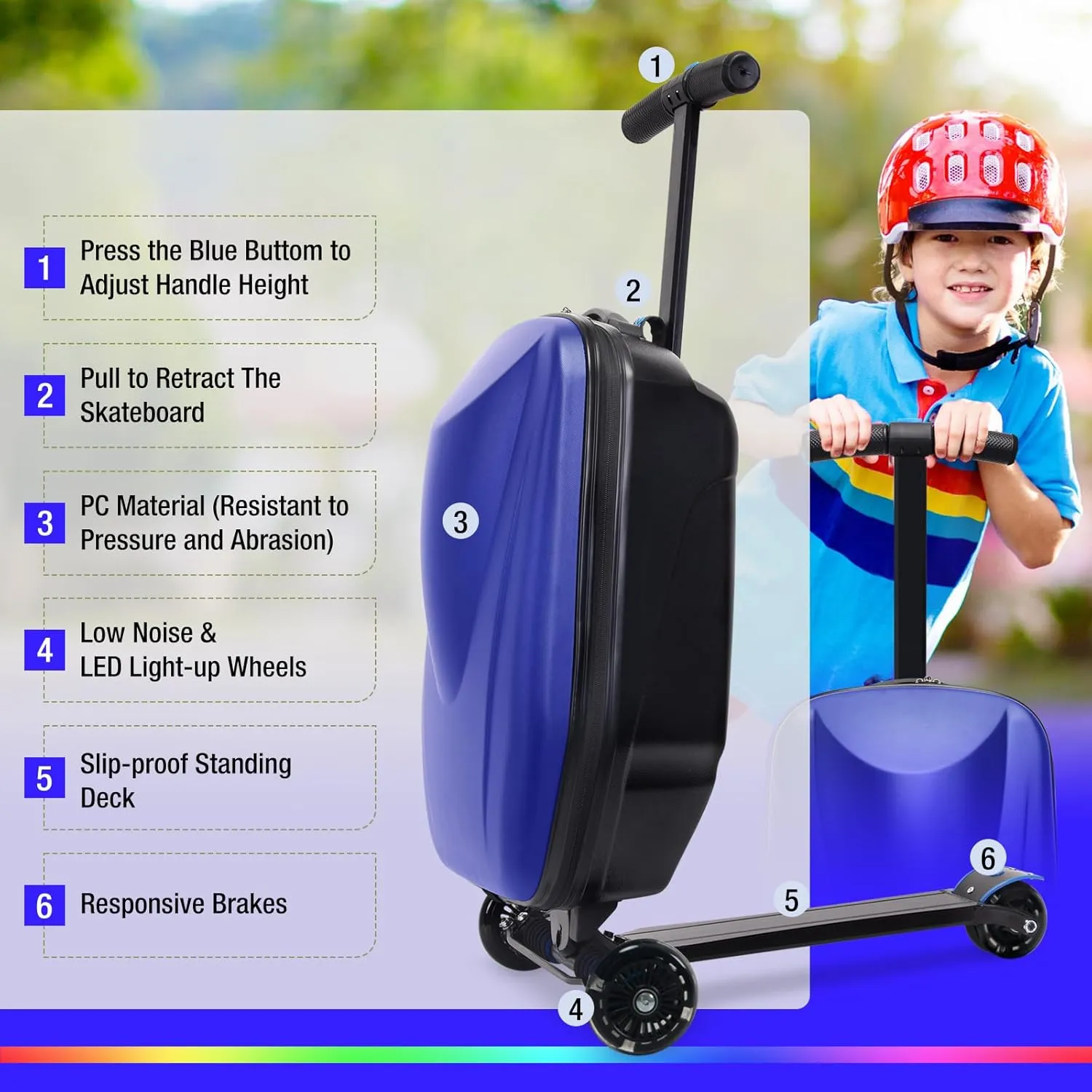 Scooter Luggage, 2- in- 1 Folding Carry On Hardshell Ride On Scooter Suitcase for Aged 4-15, Multifunctional Ride On Lightweight Luggage (Blue,with LED wheels)