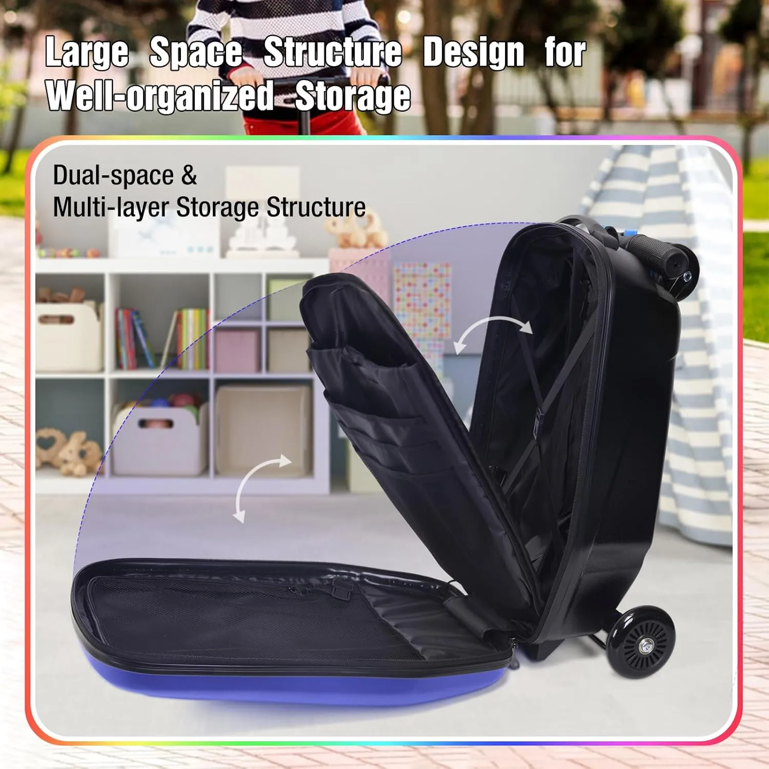 Scooter Luggage, 2- in- 1 Folding Carry On Hardshell Ride On Scooter Suitcase for Aged 4-15, Multifunctional Ride On Lightweight Luggage (Blue,with LED wheels)