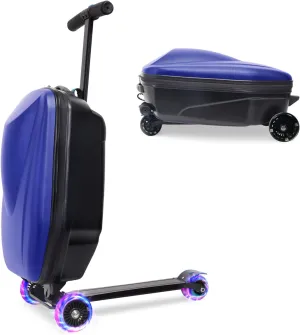 Scooter Luggage, 2- in- 1 Folding Carry On Hardshell Ride On Scooter Suitcase for Aged 4-15, Multifunctional Ride On Lightweight Luggage (Blue,with LED wheels)
