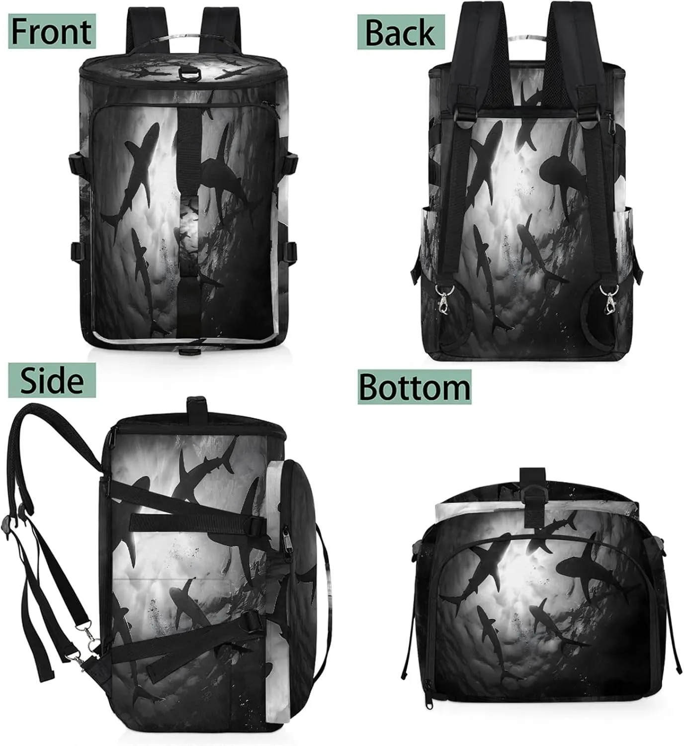 Sea Shark Gym Duffle Bag Backpack Waterproof Sports Bags with Shoe Compartment 48L Carry On Overnight Weekender Travel Luggage