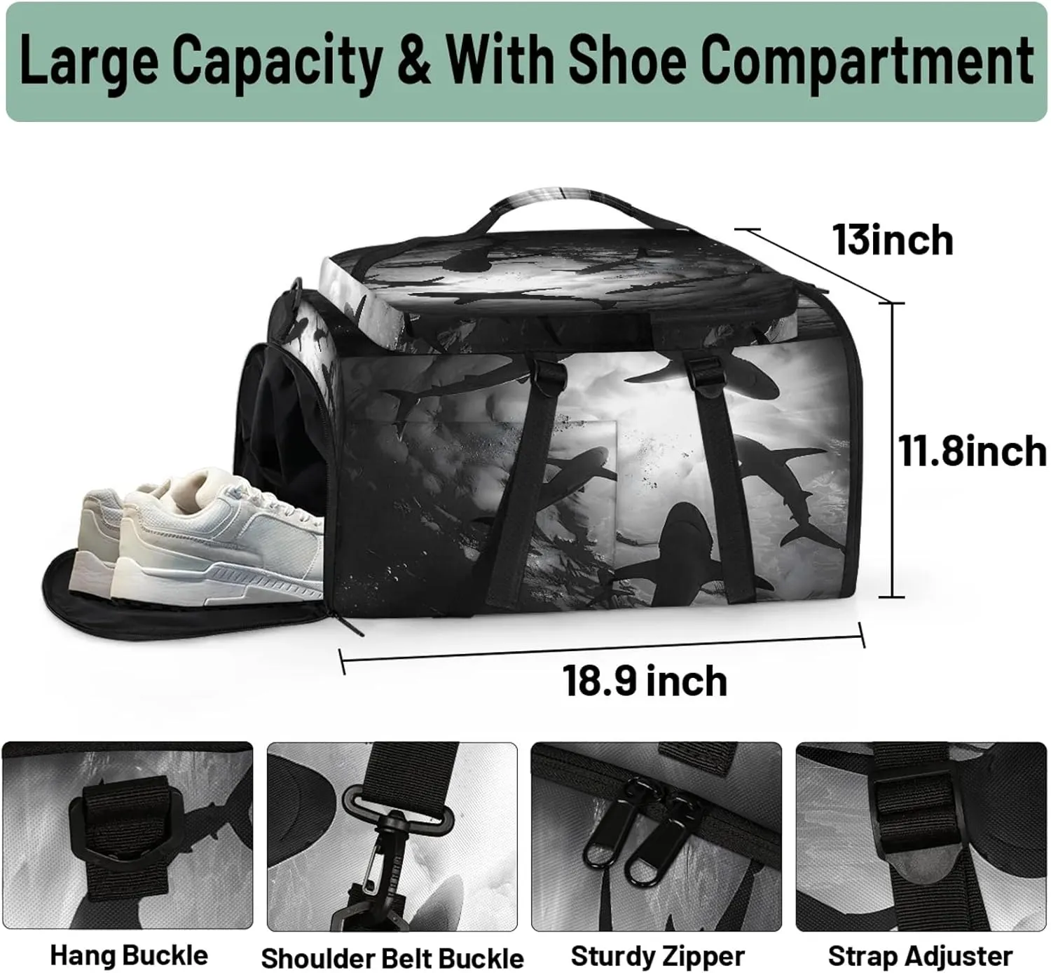 Sea Shark Gym Duffle Bag Backpack Waterproof Sports Bags with Shoe Compartment 48L Carry On Overnight Weekender Travel Luggage