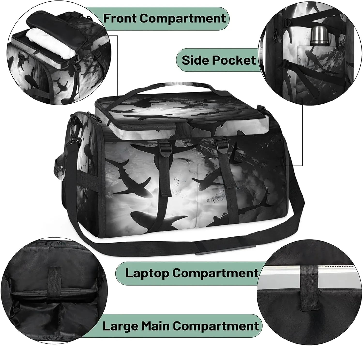 Sea Shark Gym Duffle Bag Backpack Waterproof Sports Bags with Shoe Compartment 48L Carry On Overnight Weekender Travel Luggage
