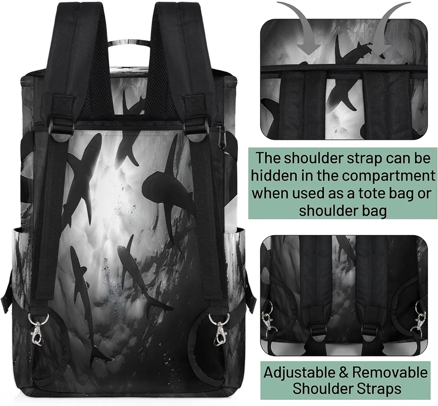 Sea Shark Gym Duffle Bag Backpack Waterproof Sports Bags with Shoe Compartment 48L Carry On Overnight Weekender Travel Luggage