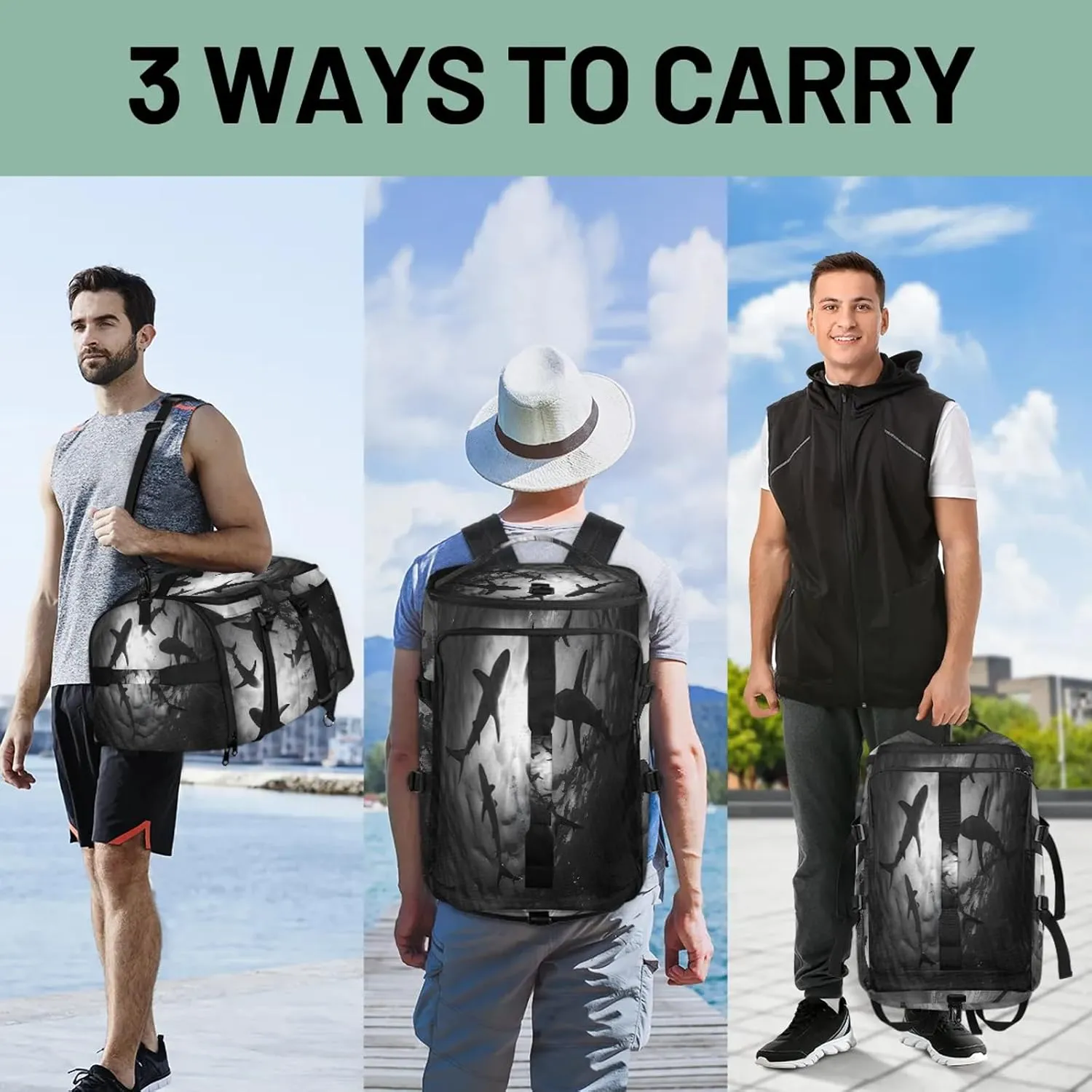 Sea Shark Gym Duffle Bag Backpack Waterproof Sports Bags with Shoe Compartment 48L Carry On Overnight Weekender Travel Luggage