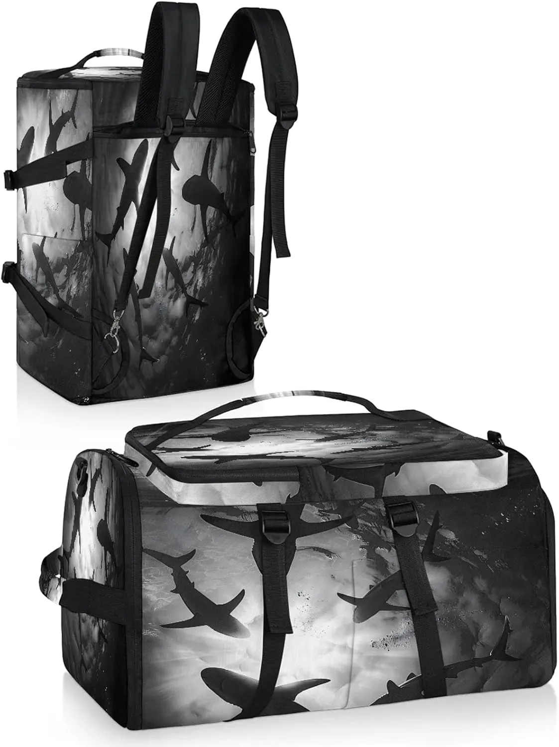 Sea Shark Gym Duffle Bag Backpack Waterproof Sports Bags with Shoe Compartment 48L Carry On Overnight Weekender Travel Luggage