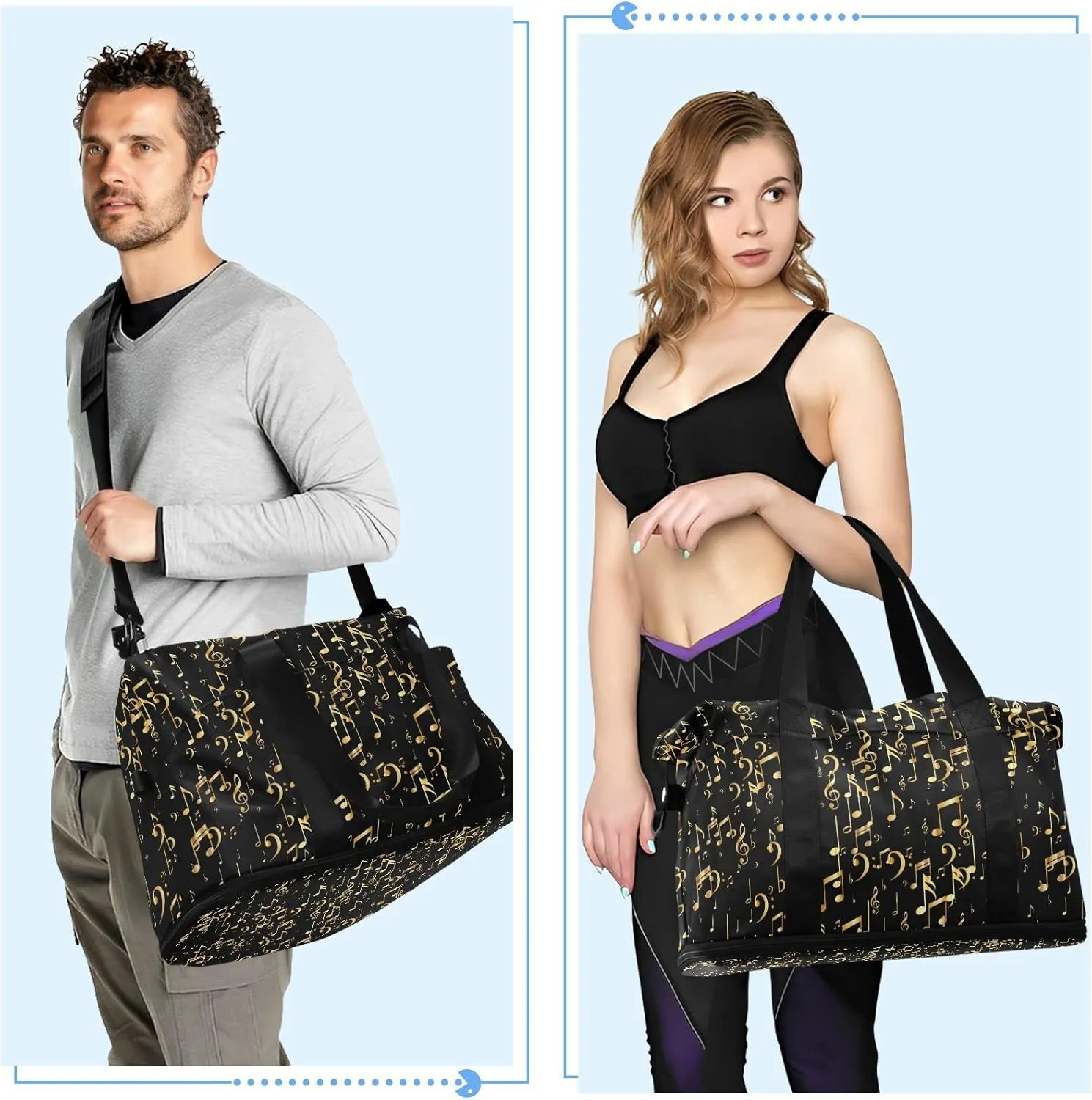 Seamless Concert Gold Music Notes and Signs on Black Foldable Travel Bag, Camping Luggage bag, Portable Gym Bag, Sports Bag, Toiletry Bag with Handles Adjustable Shoulder Strap