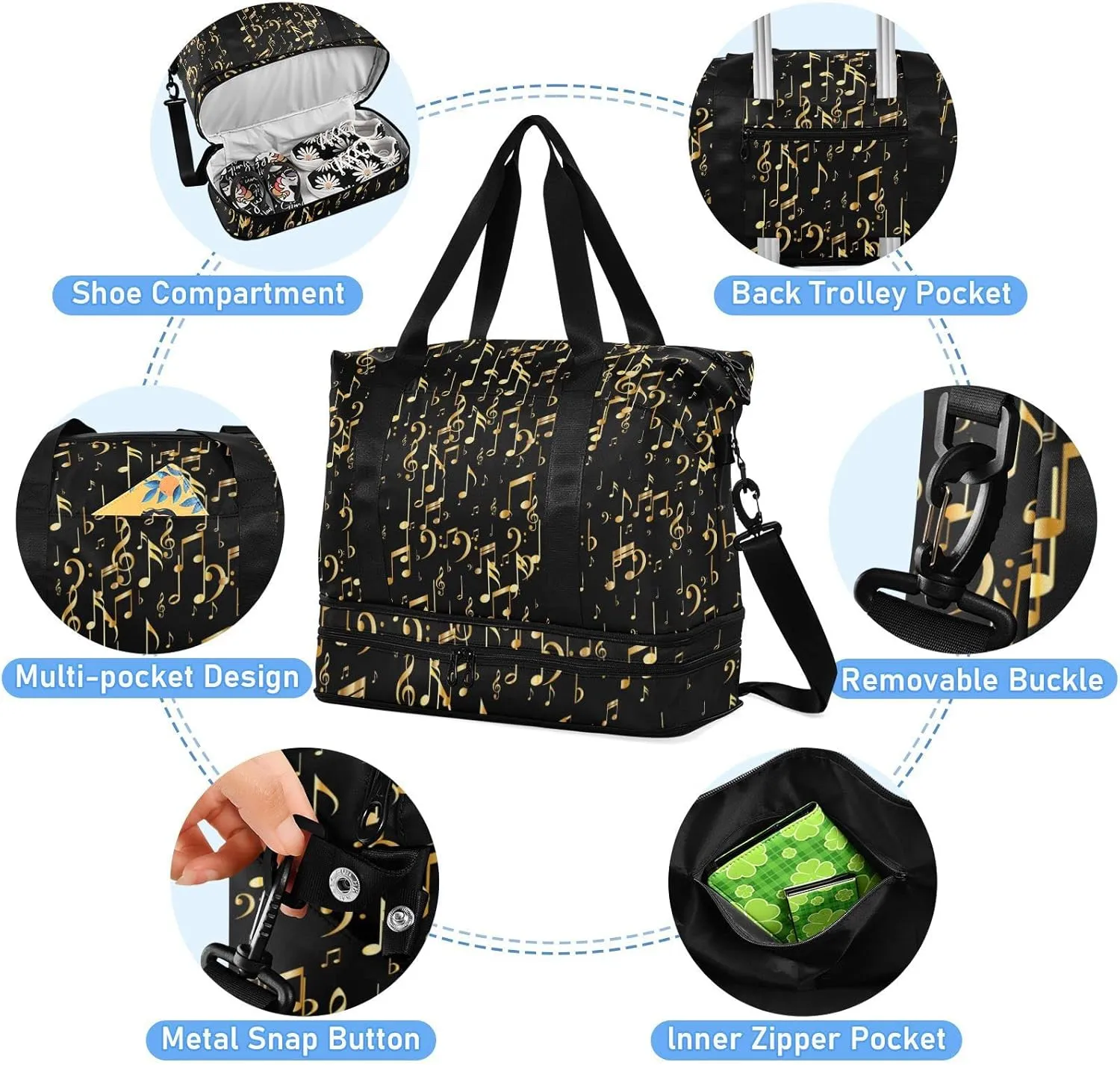 Seamless Concert Gold Music Notes and Signs on Black Foldable Travel Bag, Camping Luggage bag, Portable Gym Bag, Sports Bag, Toiletry Bag with Handles Adjustable Shoulder Strap