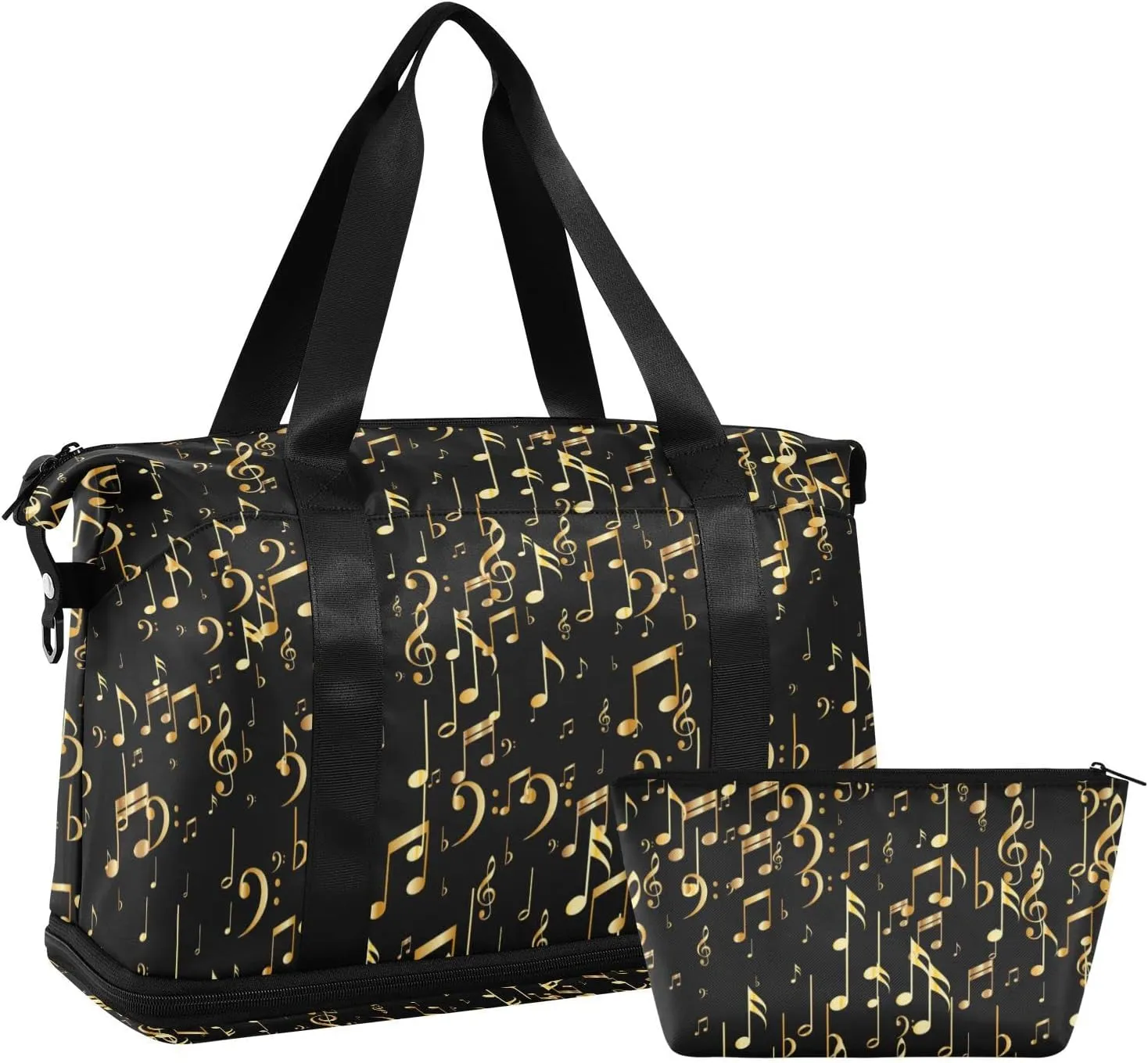 Seamless Concert Gold Music Notes and Signs on Black Foldable Travel Bag, Camping Luggage bag, Portable Gym Bag, Sports Bag, Toiletry Bag with Handles Adjustable Shoulder Strap