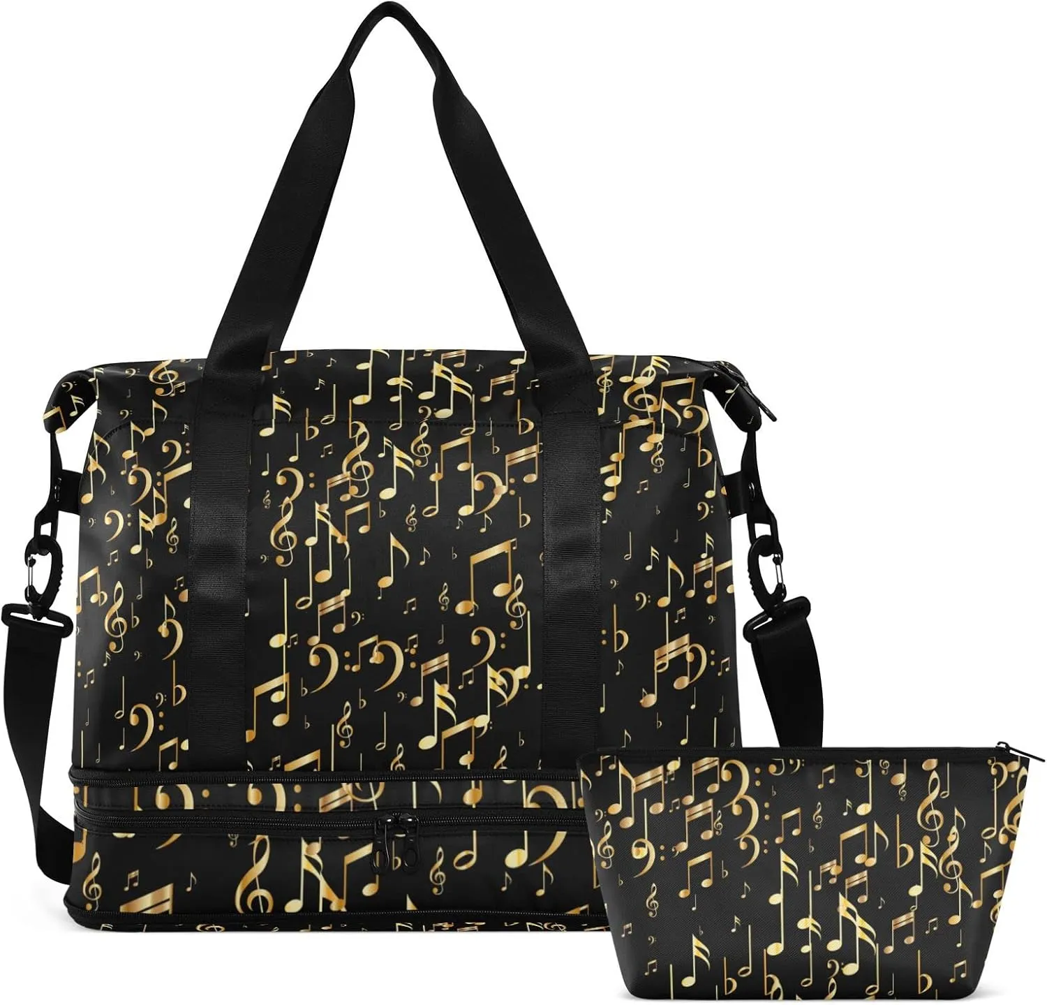 Seamless Concert Gold Music Notes and Signs on Black Foldable Travel Bag, Camping Luggage bag, Portable Gym Bag, Sports Bag, Toiletry Bag with Handles Adjustable Shoulder Strap