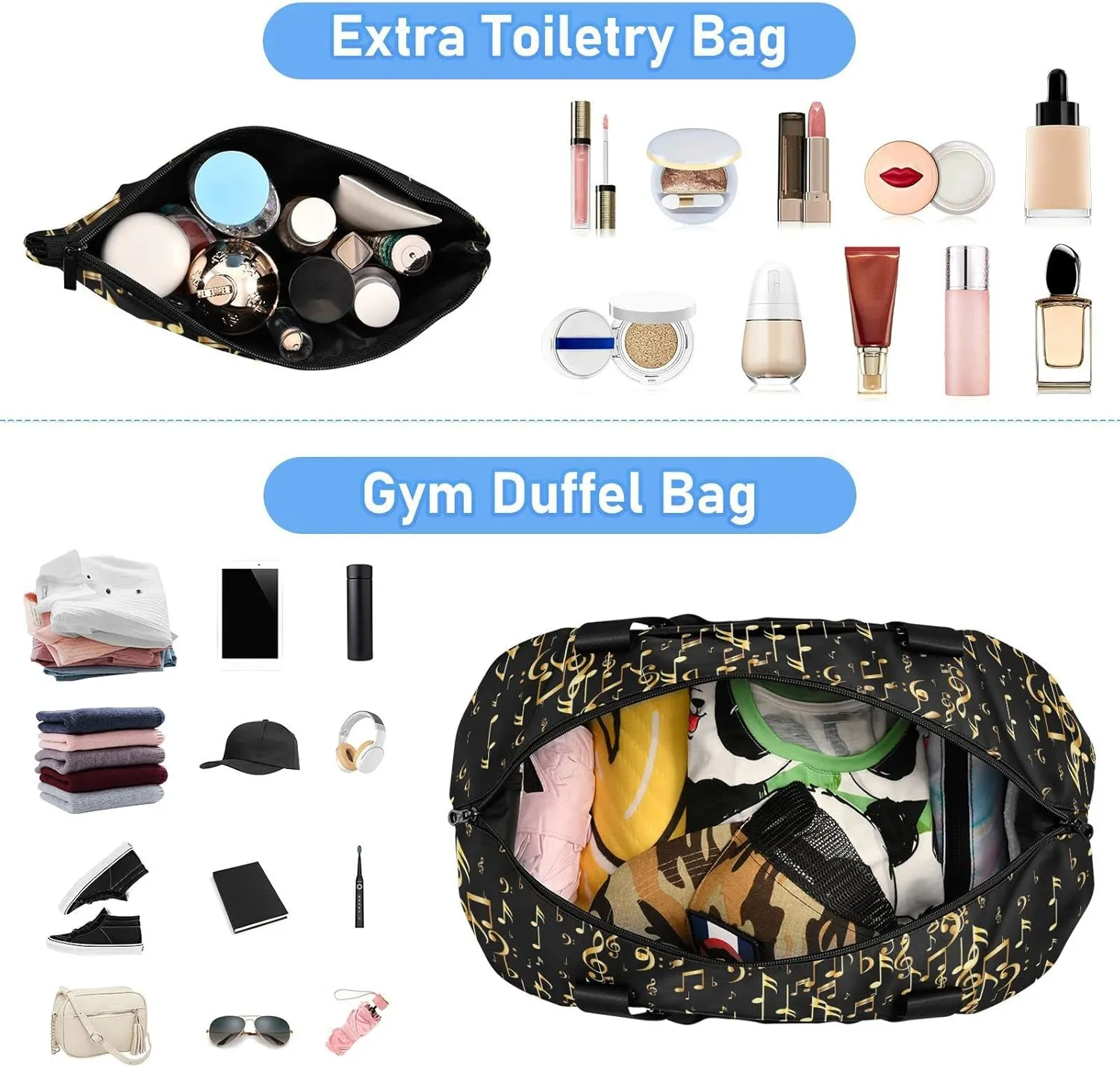 Seamless Concert Gold Music Notes and Signs on Black Foldable Travel Bag, Camping Luggage bag, Portable Gym Bag, Sports Bag, Toiletry Bag with Handles Adjustable Shoulder Strap