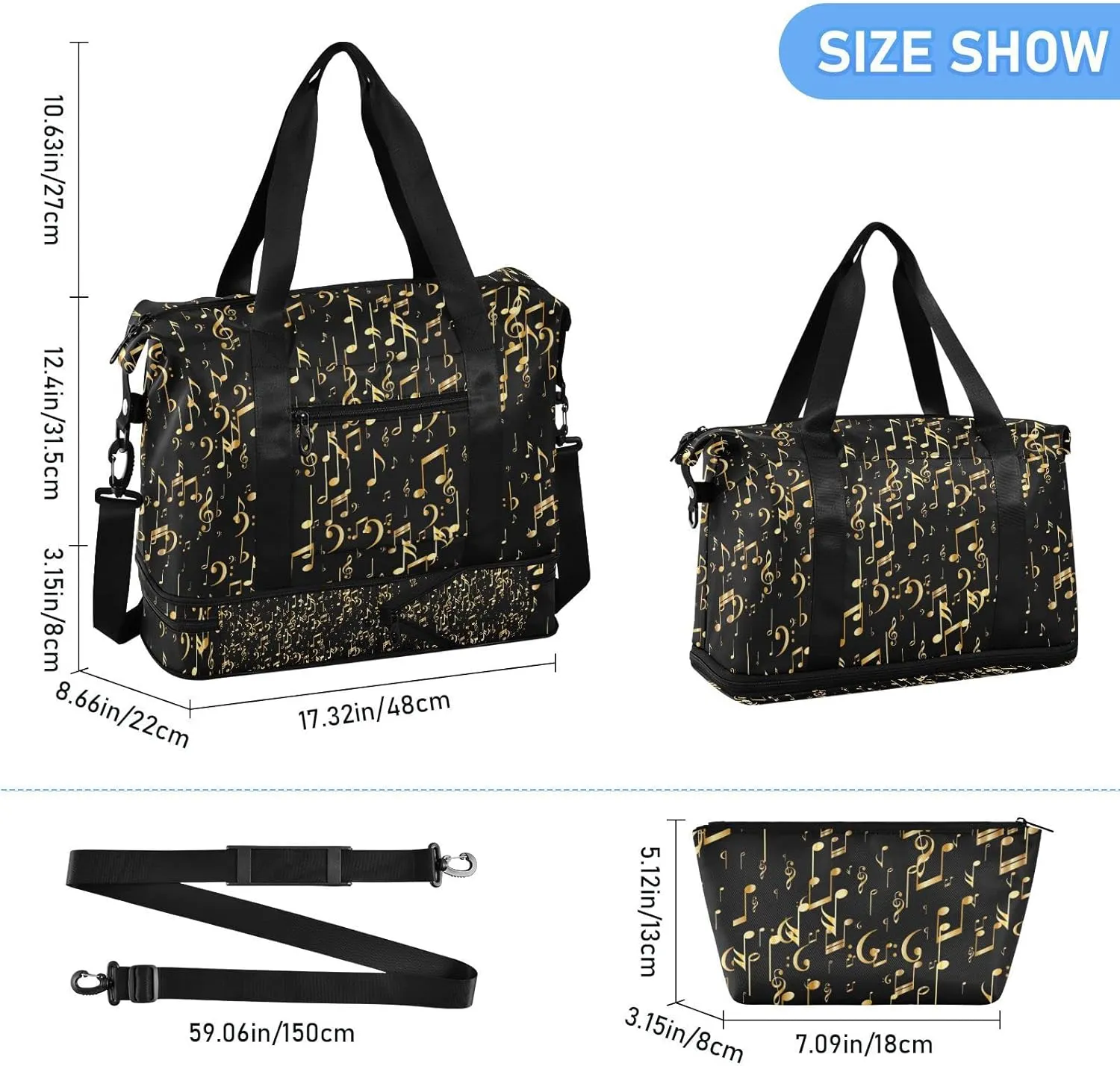 Seamless Concert Gold Music Notes and Signs on Black Foldable Travel Bag, Camping Luggage bag, Portable Gym Bag, Sports Bag, Toiletry Bag with Handles Adjustable Shoulder Strap