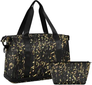 Seamless Concert Gold Music Notes and Signs on Black Foldable Travel Bag, Camping Luggage bag, Portable Gym Bag, Sports Bag, Toiletry Bag with Handles Adjustable Shoulder Strap