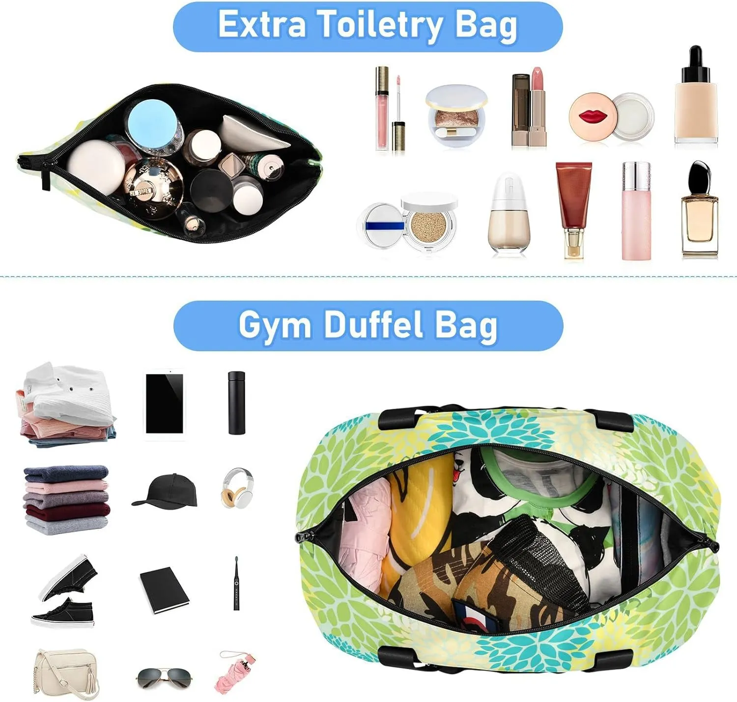 Seamless Floral Flowers with Green, Blue, Yellow and Cream Colors Foldable Travel Bag, Camping Luggage bag, Portable Gym Bag, Sports Bag, Toiletry Bag with Handles Adjustable Shoulder Strap