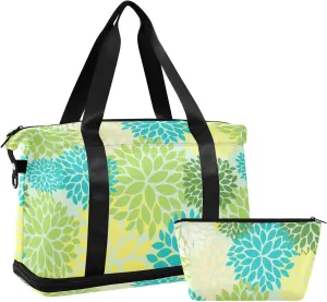 Seamless Floral Flowers with Green, Blue, Yellow and Cream Colors Foldable Travel Bag, Camping Luggage bag, Portable Gym Bag, Sports Bag, Toiletry Bag with Handles Adjustable Shoulder Strap