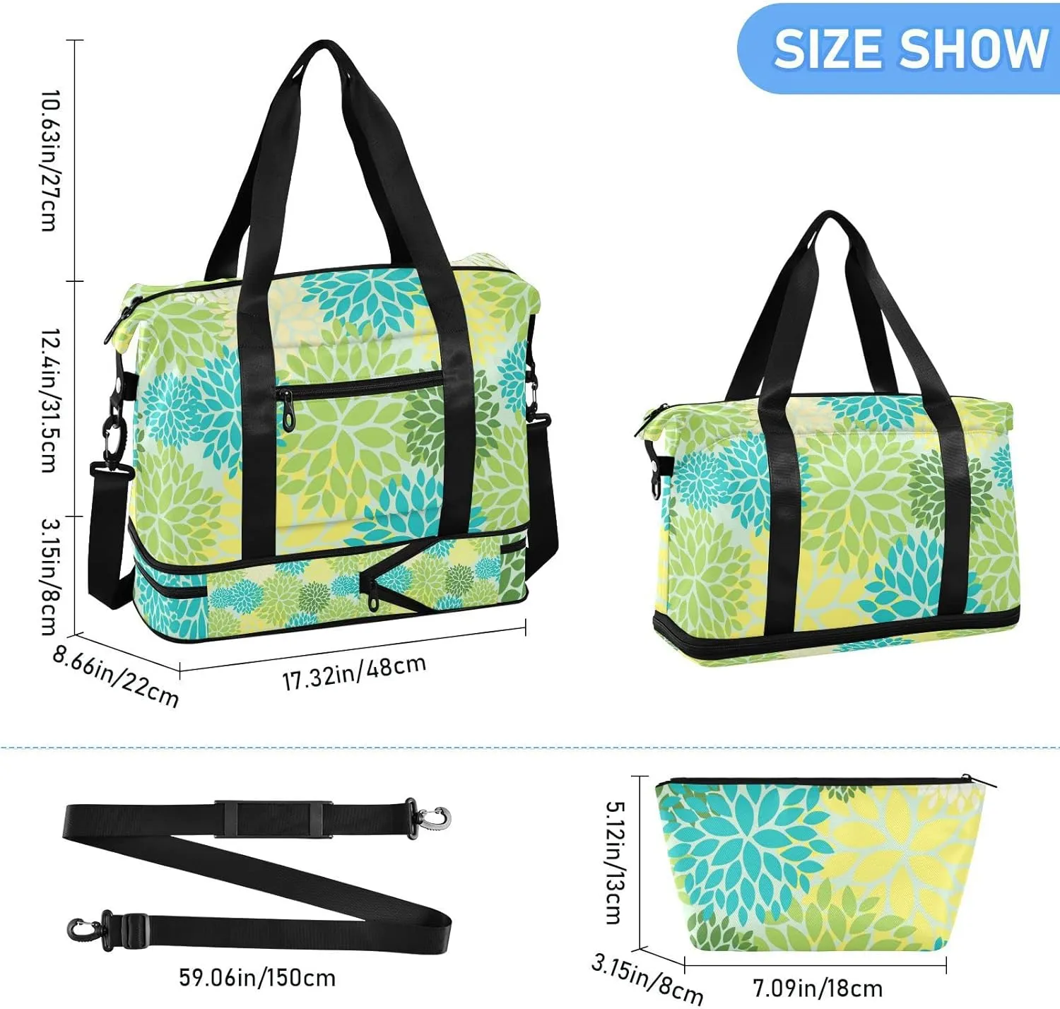 Seamless Floral Flowers with Green, Blue, Yellow and Cream Colors Foldable Travel Bag, Camping Luggage bag, Portable Gym Bag, Sports Bag, Toiletry Bag with Handles Adjustable Shoulder Strap