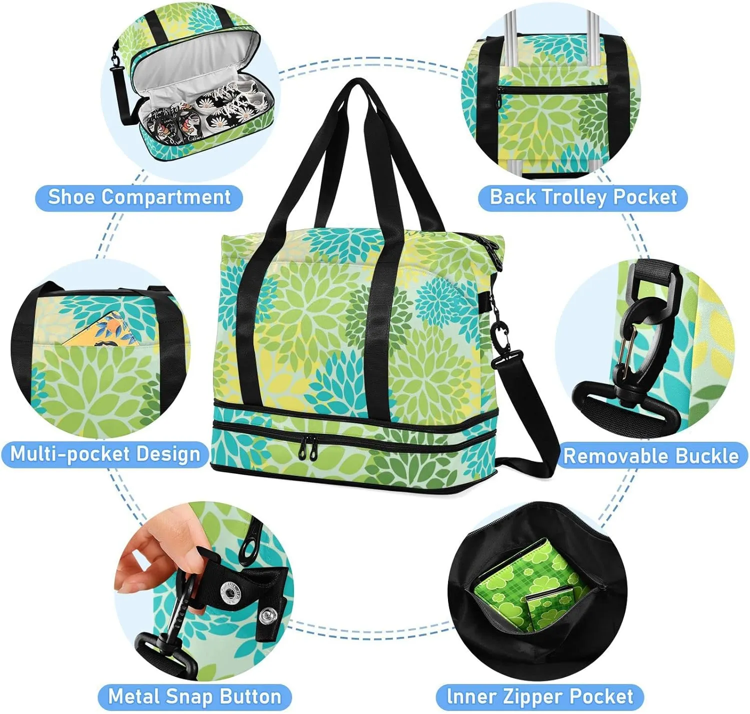 Seamless Floral Flowers with Green, Blue, Yellow and Cream Colors Foldable Travel Bag, Camping Luggage bag, Portable Gym Bag, Sports Bag, Toiletry Bag with Handles Adjustable Shoulder Strap