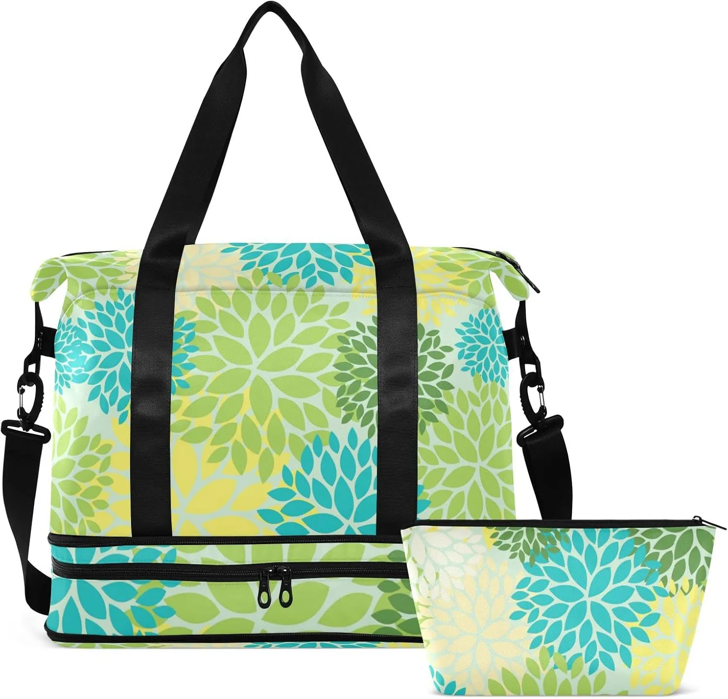 Seamless Floral Flowers with Green, Blue, Yellow and Cream Colors Foldable Travel Bag, Camping Luggage bag, Portable Gym Bag, Sports Bag, Toiletry Bag with Handles Adjustable Shoulder Strap