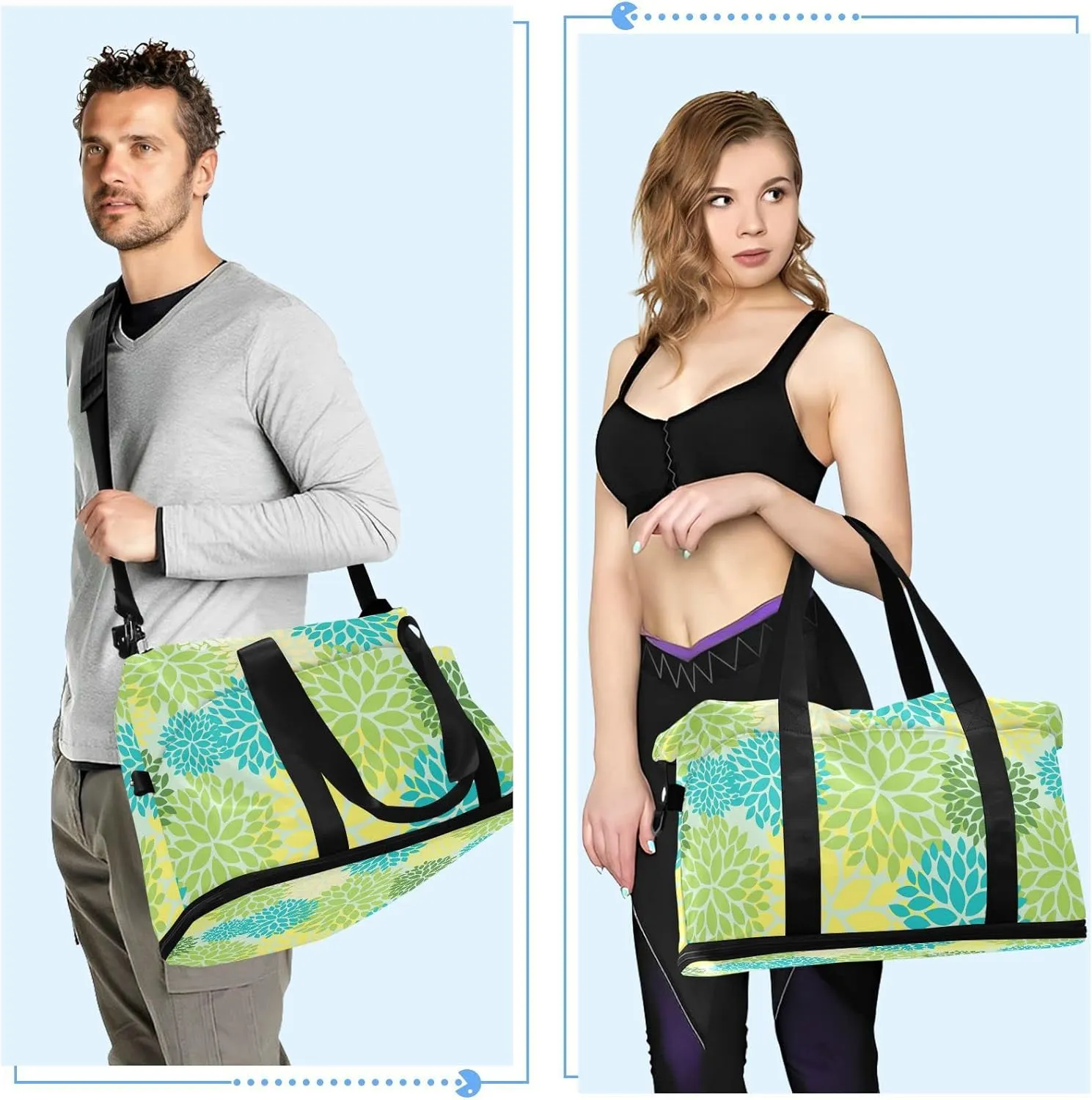 Seamless Floral Flowers with Green, Blue, Yellow and Cream Colors Foldable Travel Bag, Camping Luggage bag, Portable Gym Bag, Sports Bag, Toiletry Bag with Handles Adjustable Shoulder Strap