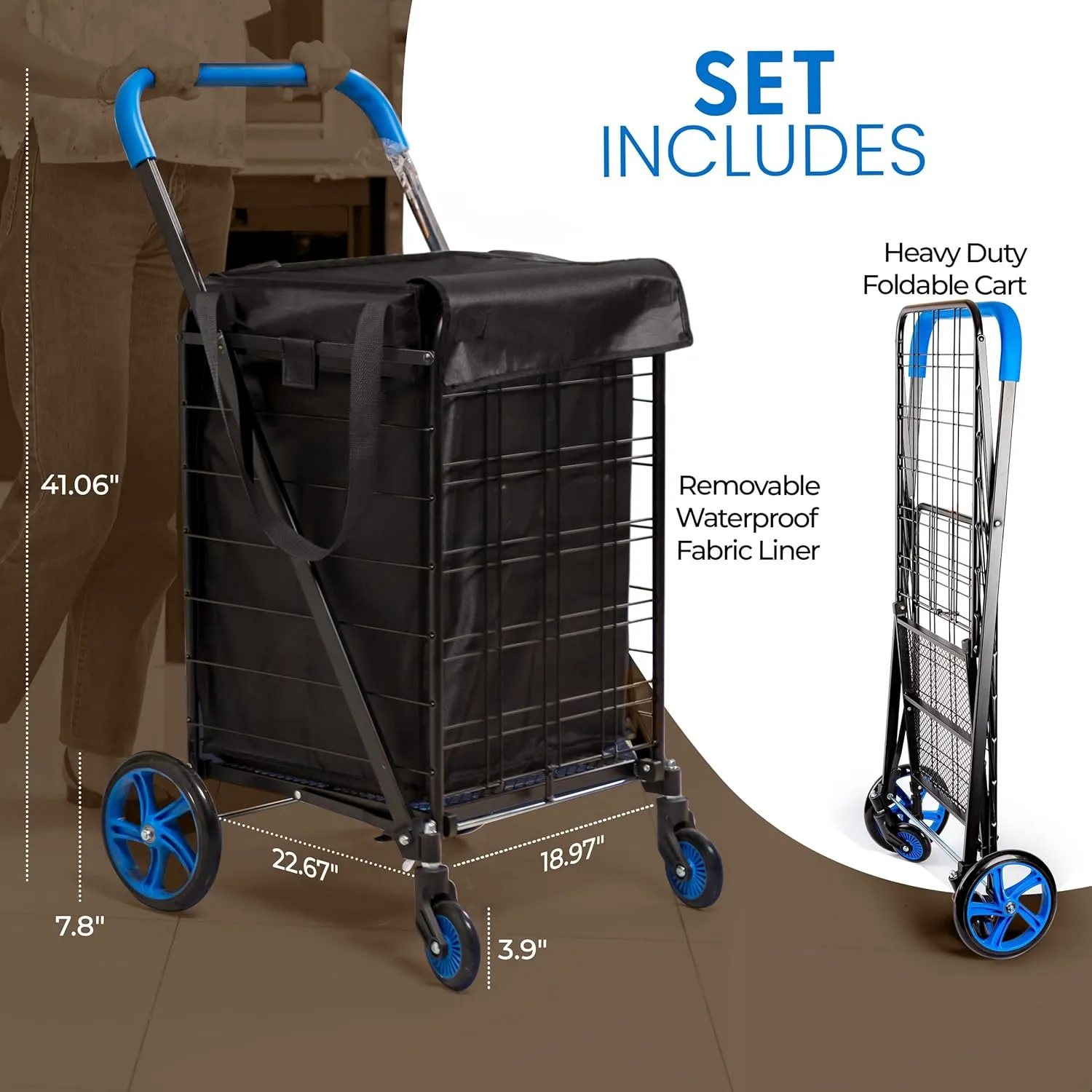 SereneLife Large Foldable Shopping Cart, 19" x 22.7" x 41" Collapsible Grocery Cart with Removable and Weatherproof Liner, 110 lbs. Capacity, 360 Degree Swivel Wheels (Blue)