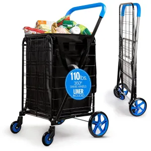 SereneLife Large Foldable Shopping Cart, 19" x 22.7" x 41" Collapsible Grocery Cart with Removable and Weatherproof Liner, 110 lbs. Capacity, 360 Degree Swivel Wheels (Blue)