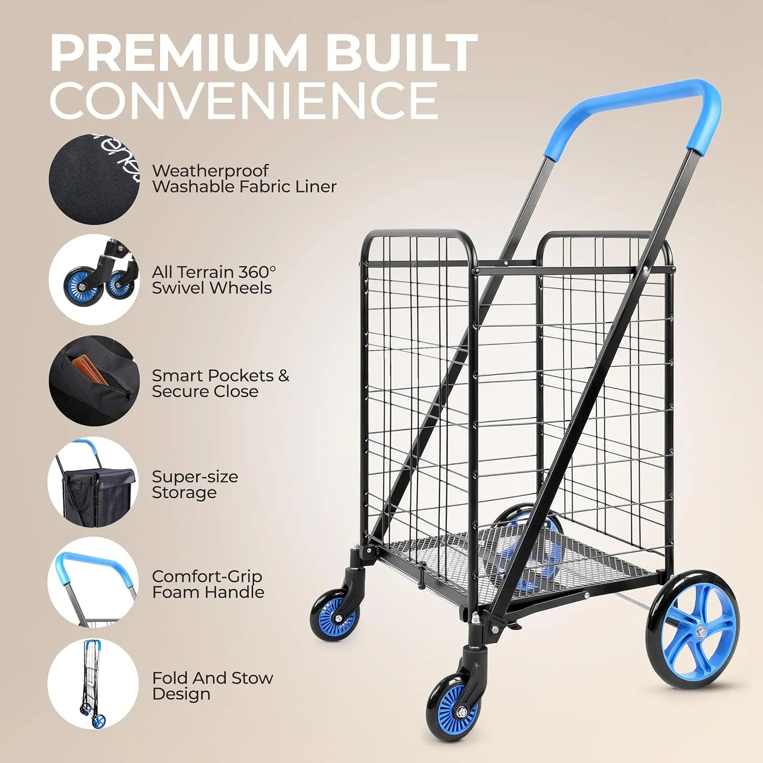 SereneLife Large Foldable Shopping Cart, 19" x 22.7" x 41" Collapsible Grocery Cart with Removable and Weatherproof Liner, 110 lbs. Capacity, 360 Degree Swivel Wheels (Blue)