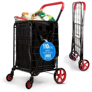 SereneLife Large Foldable Shopping Cart, 19" x 22.7" x 41" Collapsible Grocery Cart with Removable and Weatherproof Liner, 110 lbs. Capacity, 360 Degree Swivel Wheels (Red)