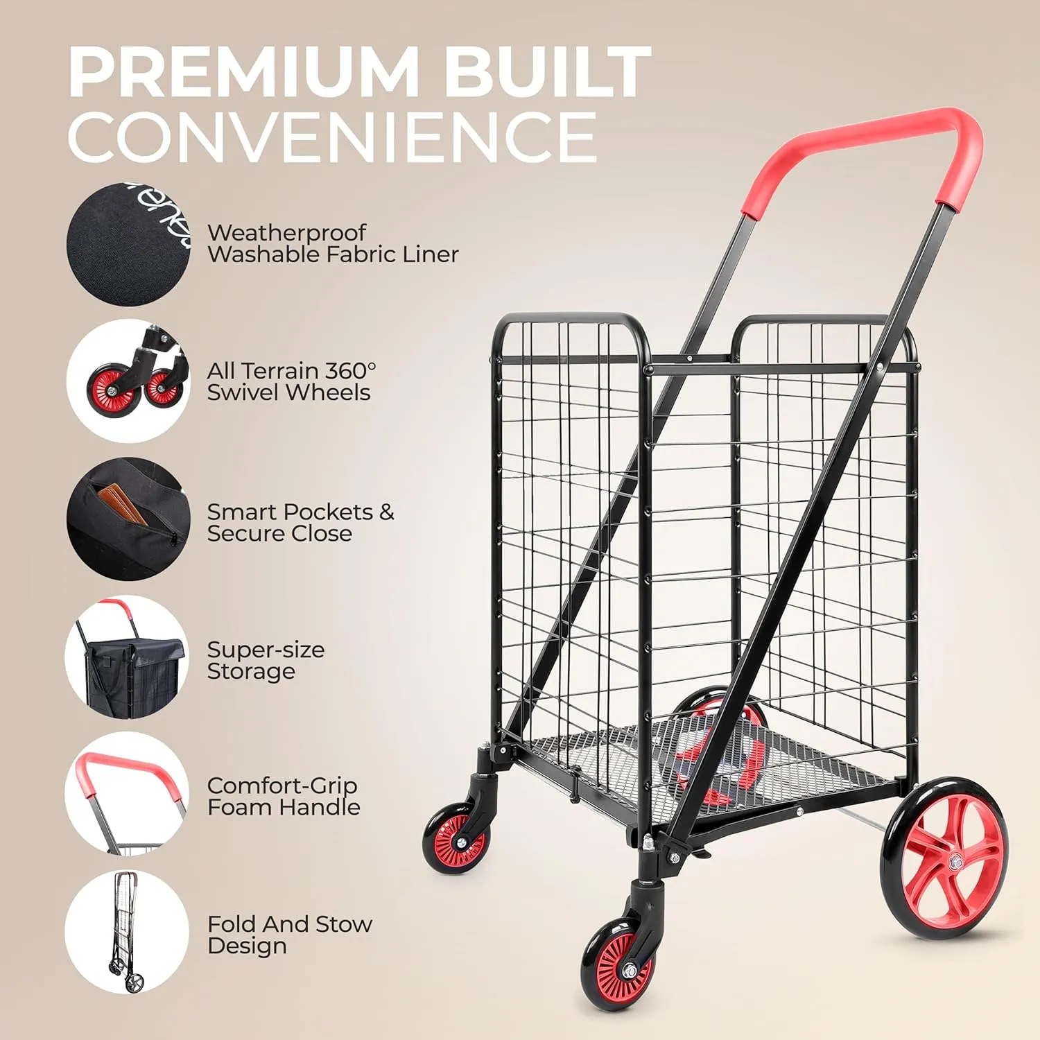 SereneLife Large Foldable Shopping Cart, 19" x 22.7" x 41" Collapsible Grocery Cart with Removable and Weatherproof Liner, 110 lbs. Capacity, 360 Degree Swivel Wheels (Red)