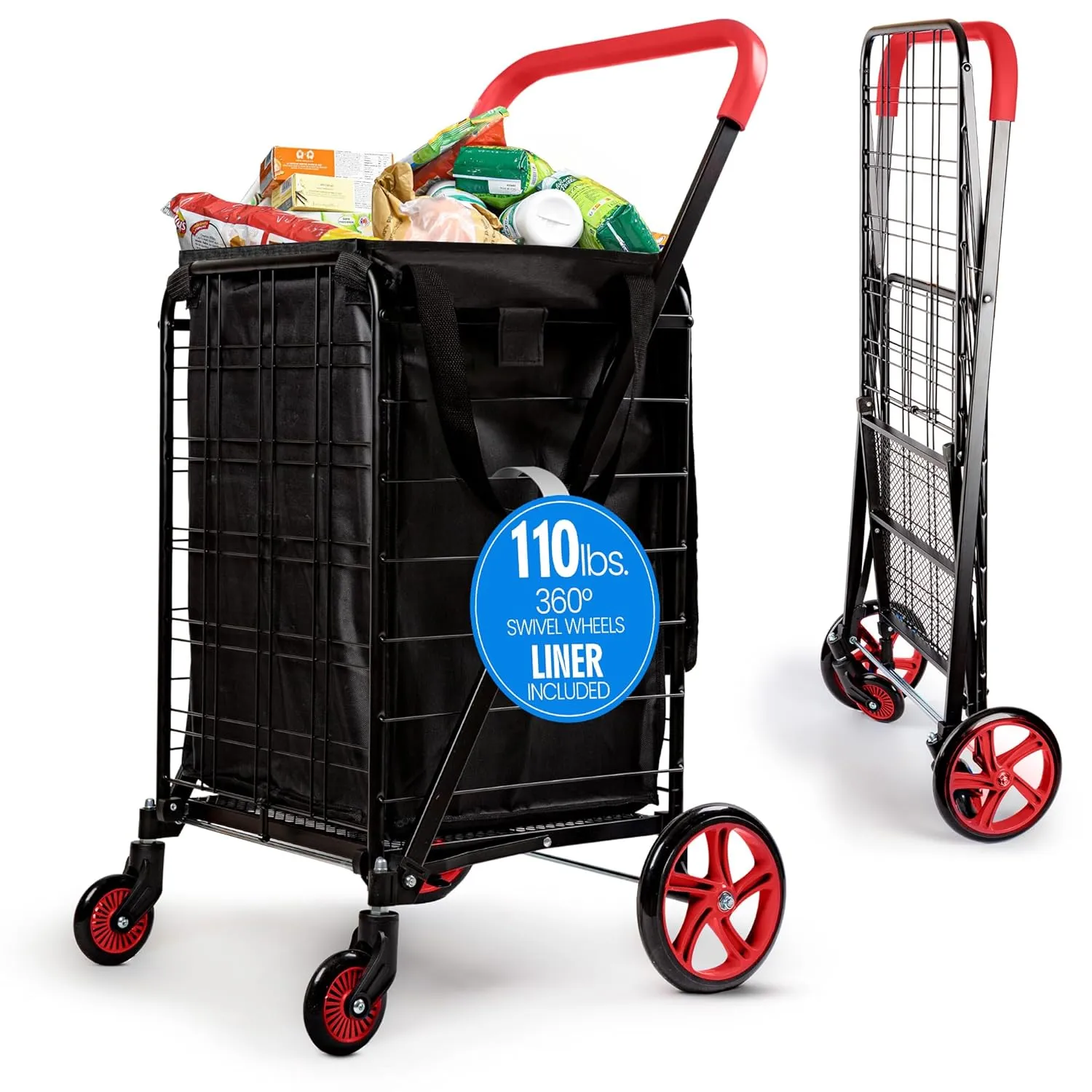SereneLife Large Foldable Shopping Cart, 19" x 22.7" x 41" Collapsible Grocery Cart with Removable and Weatherproof Liner, 110 lbs. Capacity, 360 Degree Swivel Wheels (Red)