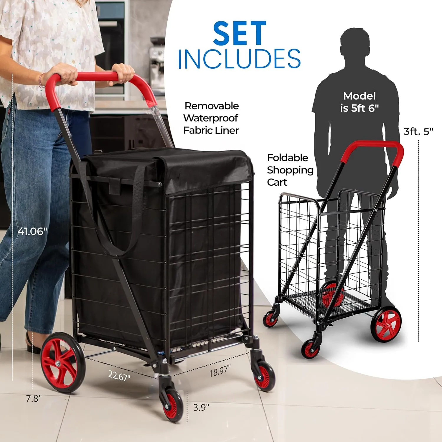 SereneLife Large Foldable Shopping Cart, 19" x 22.7" x 41" Collapsible Grocery Cart with Removable and Weatherproof Liner, 110 lbs. Capacity, 360 Degree Swivel Wheels (Red)