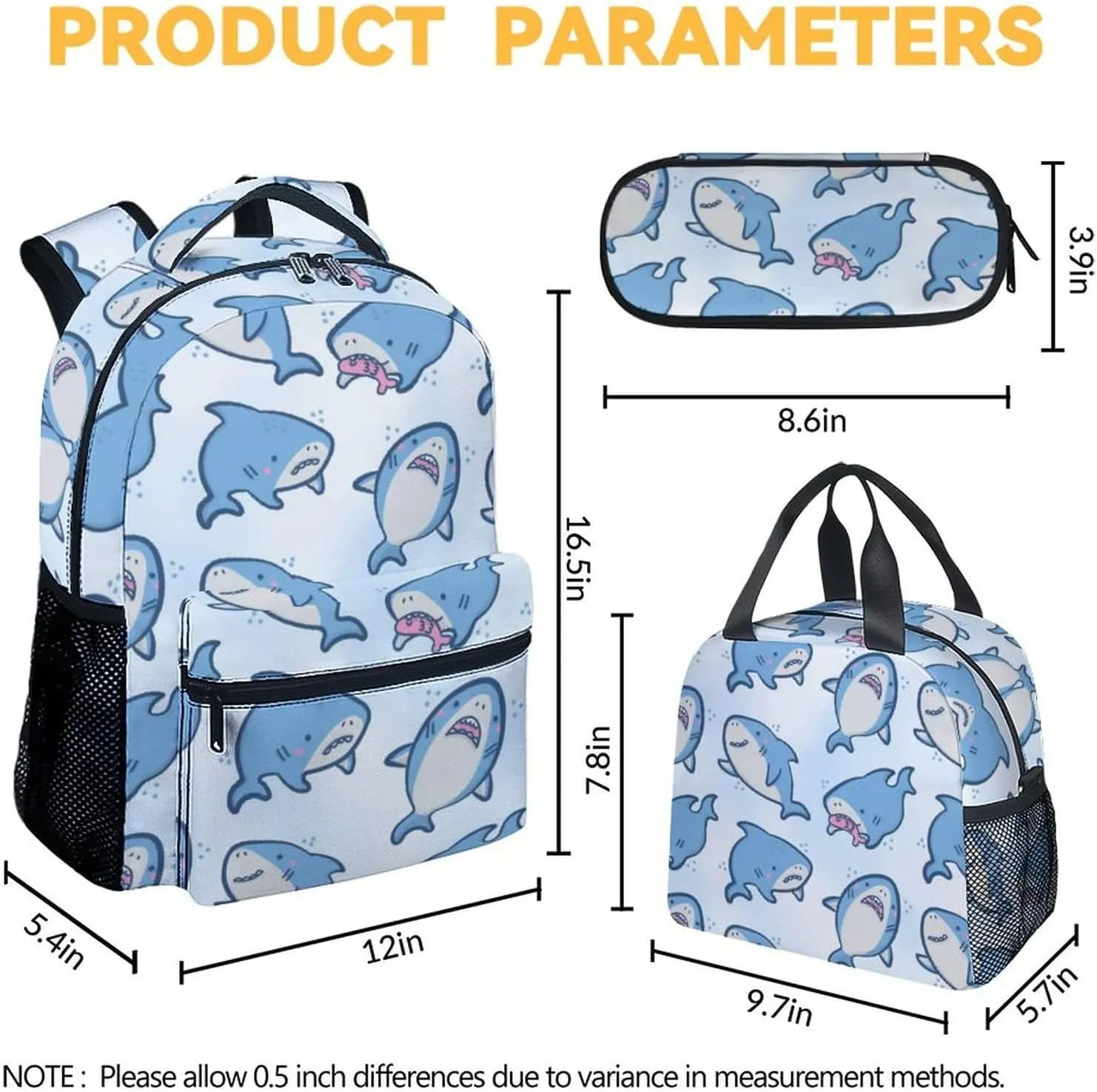 Shark Backpack with Lunch Box - Set of 3 School Backpacks Matching Combo for Girls Boys - Cute Blue Bookbag and Pencil Case Bundle