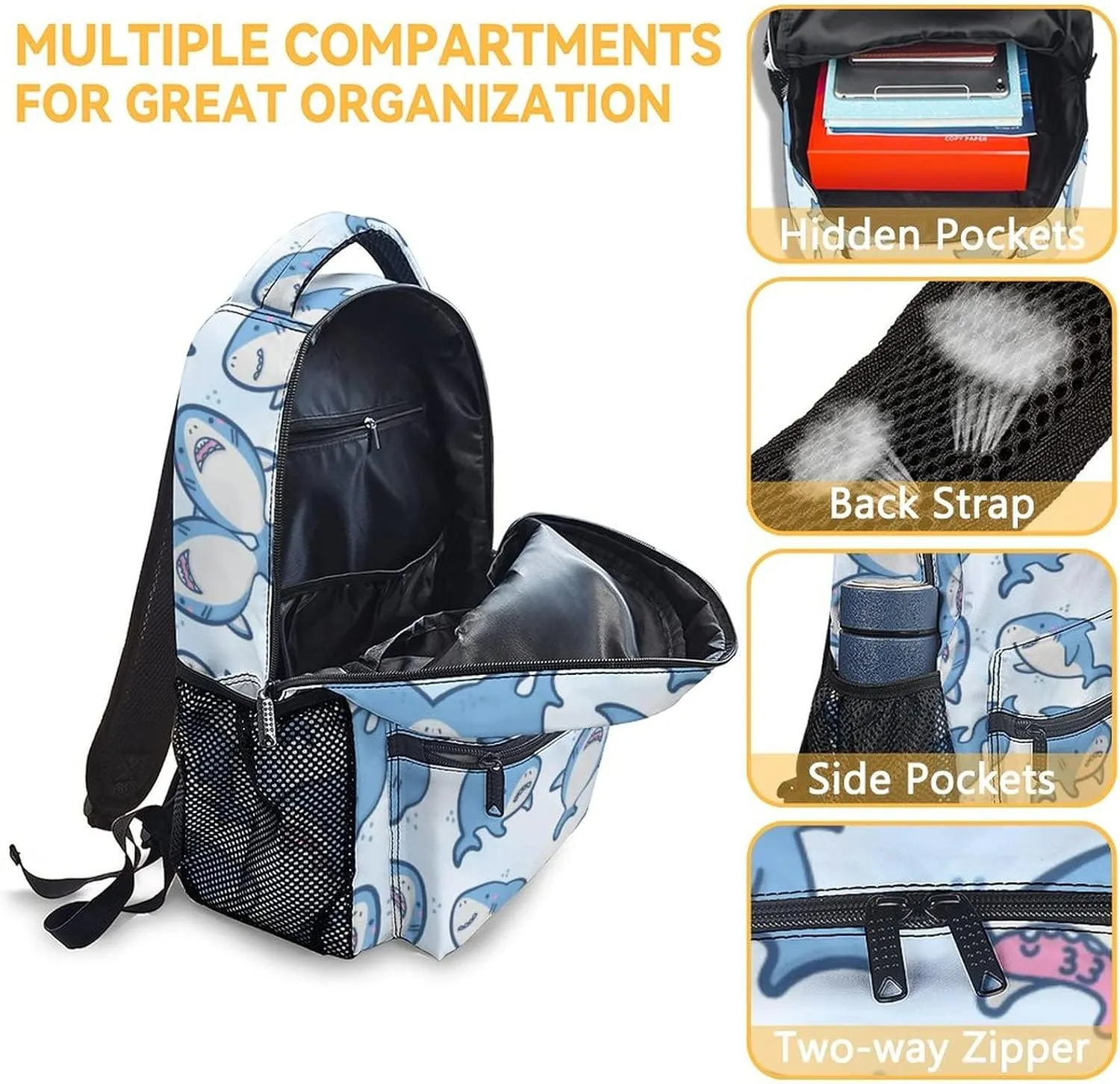 Shark Backpack with Lunch Box - Set of 3 School Backpacks Matching Combo for Girls Boys - Cute Blue Bookbag and Pencil Case Bundle