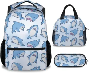 Shark Backpack with Lunch Box - Set of 3 School Backpacks Matching Combo for Girls Boys - Cute Blue Bookbag and Pencil Case Bundle