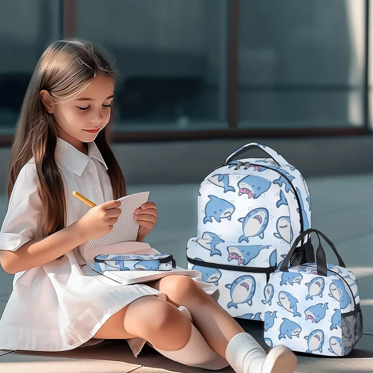 Shark Backpack with Lunch Box - Set of 3 School Backpacks Matching Combo for Girls Boys - Cute Blue Bookbag and Pencil Case Bundle