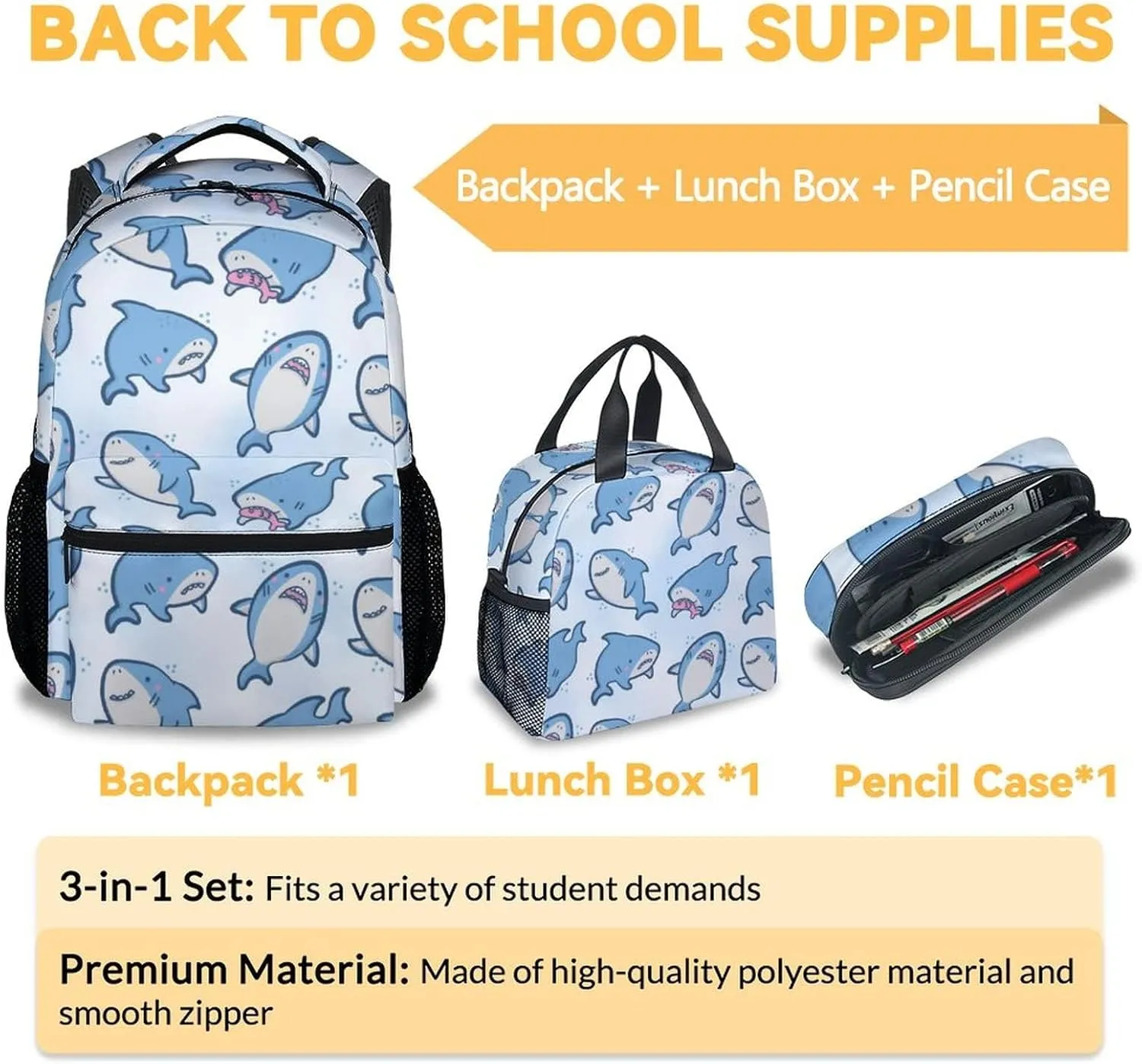 Shark Backpack with Lunch Box - Set of 3 School Backpacks Matching Combo for Girls Boys - Cute Blue Bookbag and Pencil Case Bundle