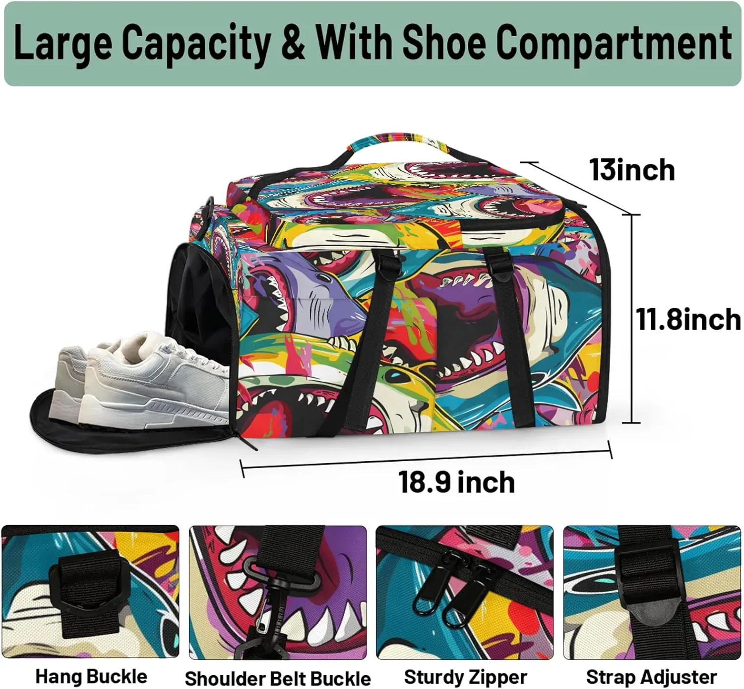 Shark Gym Duffle Bag Backpack Waterproof Sports Bags with Shoe Compartment 48L Carry On Overnight Weekender Travel Luggage