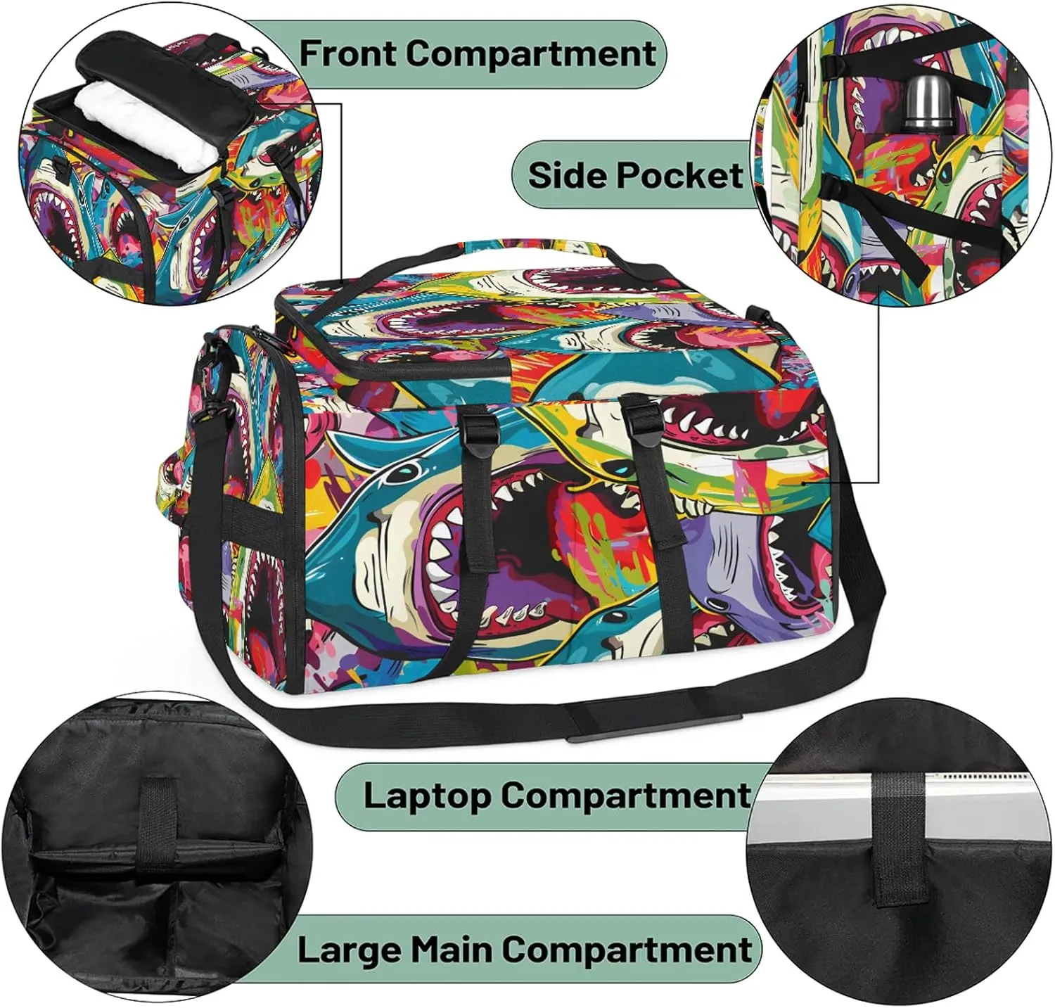 Shark Gym Duffle Bag Backpack Waterproof Sports Bags with Shoe Compartment 48L Carry On Overnight Weekender Travel Luggage