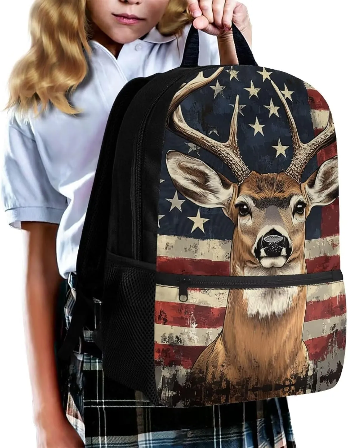 Showudesigns Deer Backpack for Boys 8-10 10-12 School Bags Elementary Middle School Bookbag American Flag Back Pack Purse Kids Girls Daycare Satchel Bag 17inch Children Daypack 4th Of July
