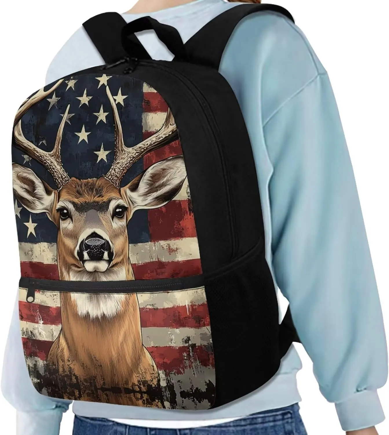 Showudesigns Deer Backpack for Boys 8-10 10-12 School Bags Elementary Middle School Bookbag American Flag Back Pack Purse Kids Girls Daycare Satchel Bag 17inch Children Daypack 4th Of July