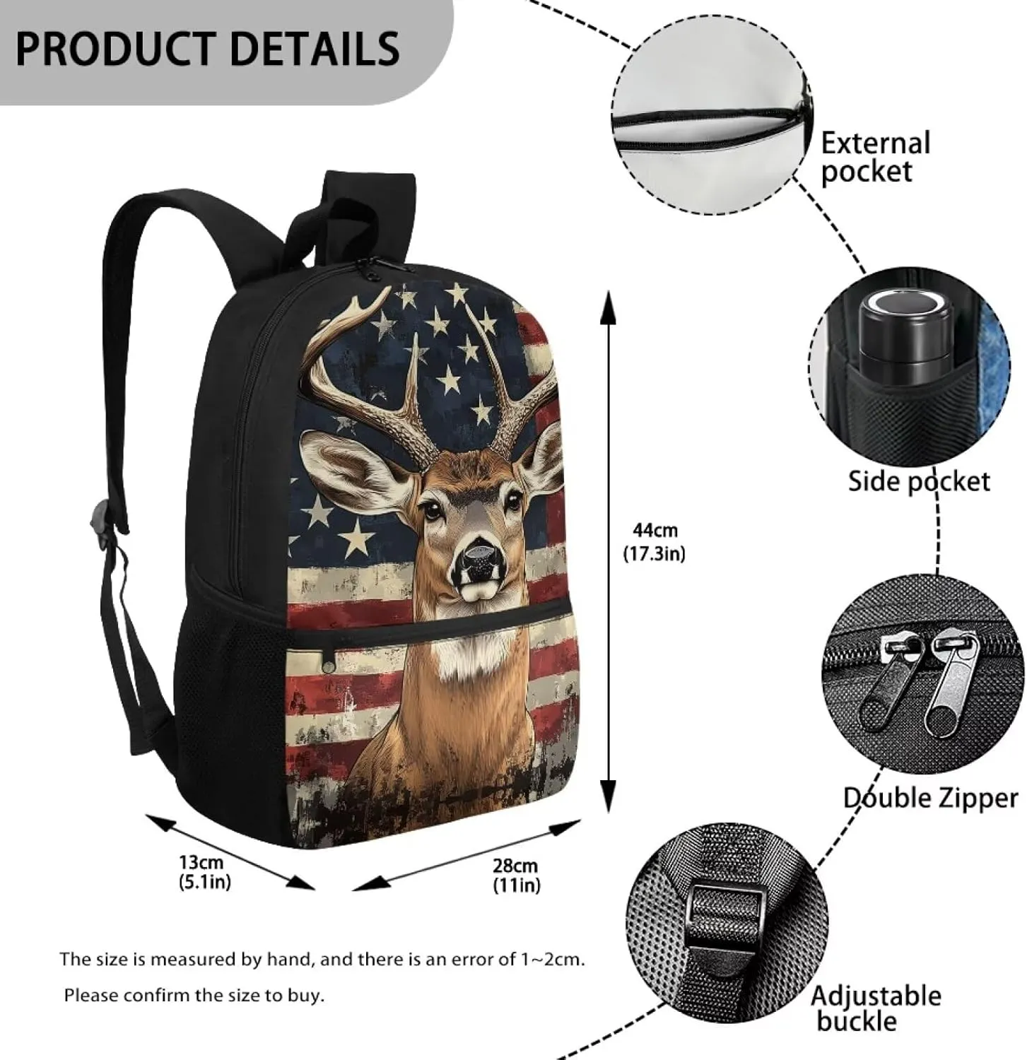 Showudesigns Deer Backpack for Boys 8-10 10-12 School Bags Elementary Middle School Bookbag American Flag Back Pack Purse Kids Girls Daycare Satchel Bag 17inch Children Daypack 4th Of July