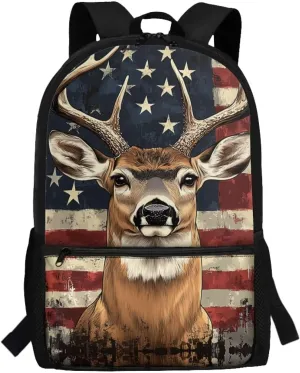 Showudesigns Deer Backpack for Boys 8-10 10-12 School Bags Elementary Middle School Bookbag American Flag Back Pack Purse Kids Girls Daycare Satchel Bag 17inch Children Daypack 4th Of July