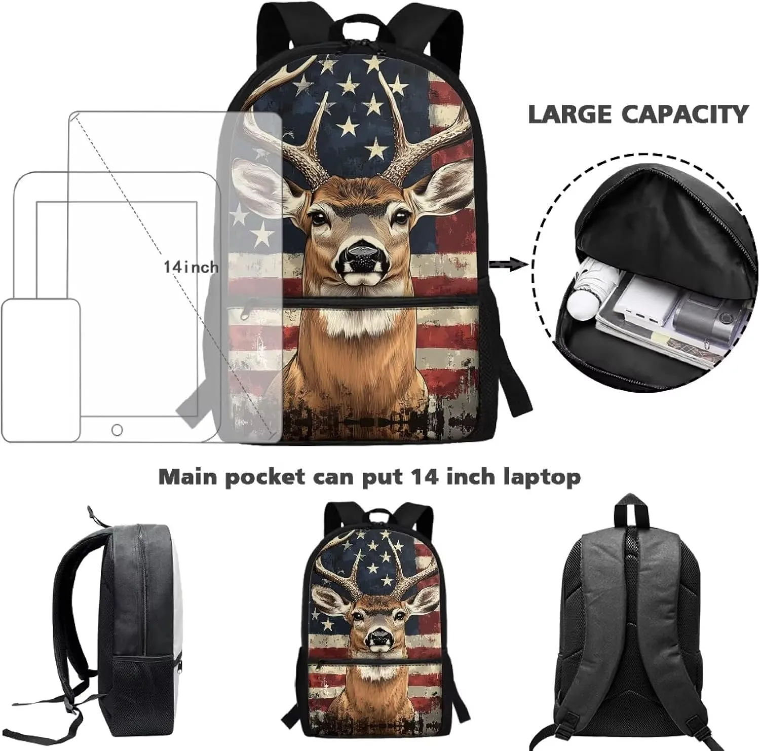 Showudesigns Deer Backpack for Boys 8-10 10-12 School Bags Elementary Middle School Bookbag American Flag Back Pack Purse Kids Girls Daycare Satchel Bag 17inch Children Daypack 4th Of July