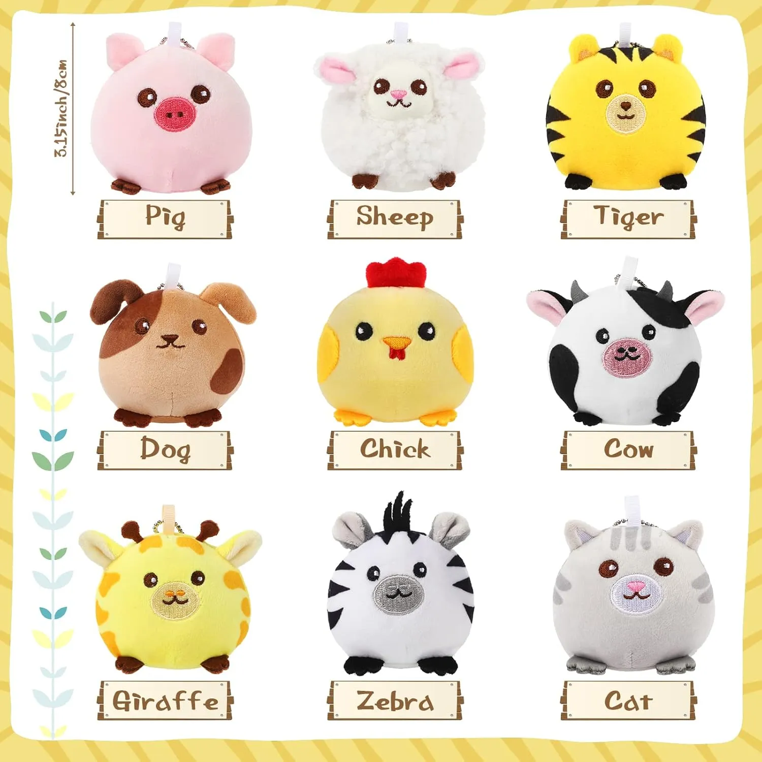 Skylety 9 Pcs Mini Plush Animals Toys Bulk 3.15 Inch Cute Soft Small Stuffed Animal Plush Keychain for Kids Goodie Bag Fillers Birthday Classroom School Prizes Festival Party Favors(Cute Animals)