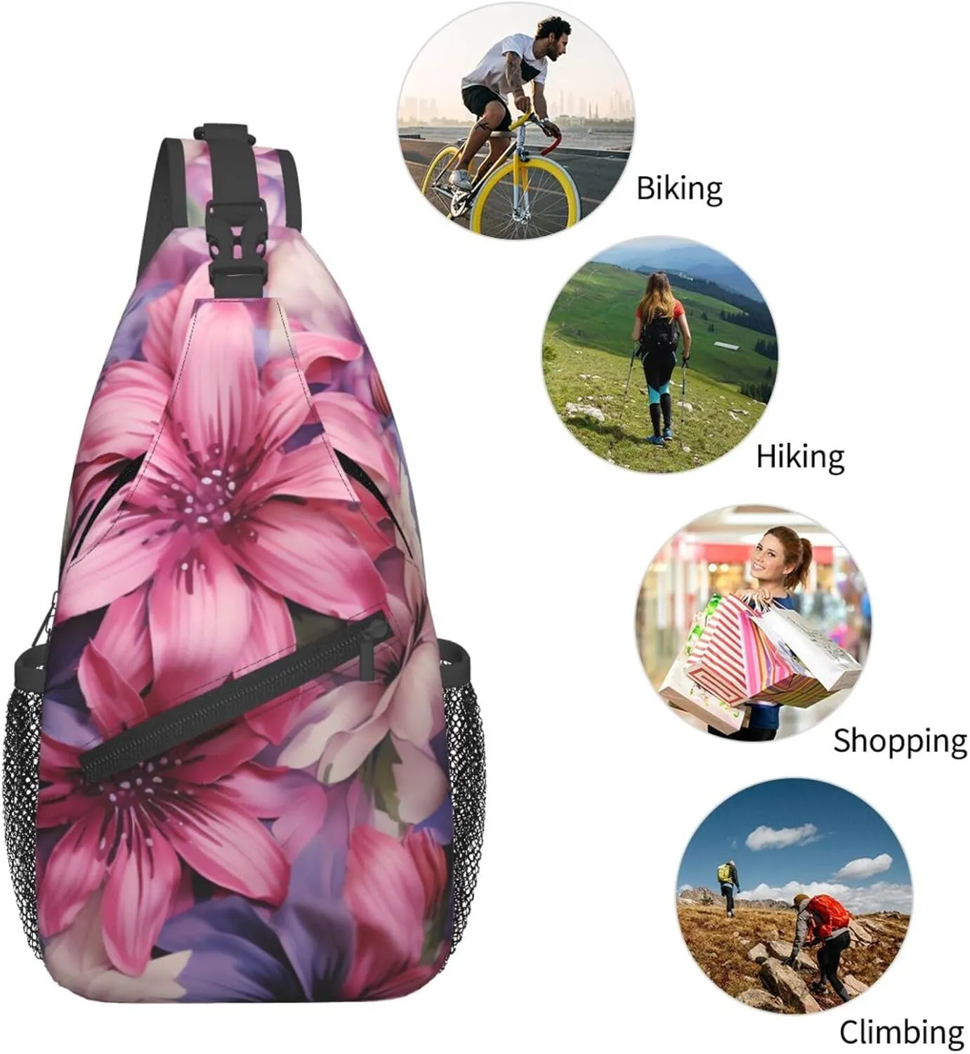 Sling Bag for Women Men Crossbody Bag Sling Backpack Purple and pink flowers Cross Body Bag Adjustable Chest Bag