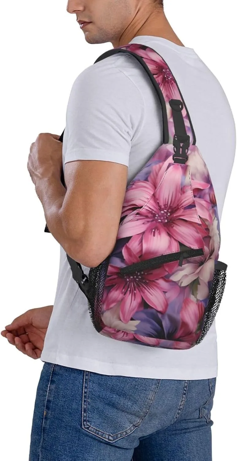 Sling Bag for Women Men Crossbody Bag Sling Backpack Purple and pink flowers Cross Body Bag Adjustable Chest Bag