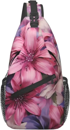 Sling Bag for Women Men Crossbody Bag Sling Backpack Purple and pink flowers Cross Body Bag Adjustable Chest Bag