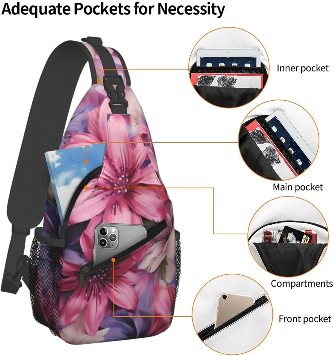 Sling Bag for Women Men Crossbody Bag Sling Backpack Purple and pink flowers Cross Body Bag Adjustable Chest Bag